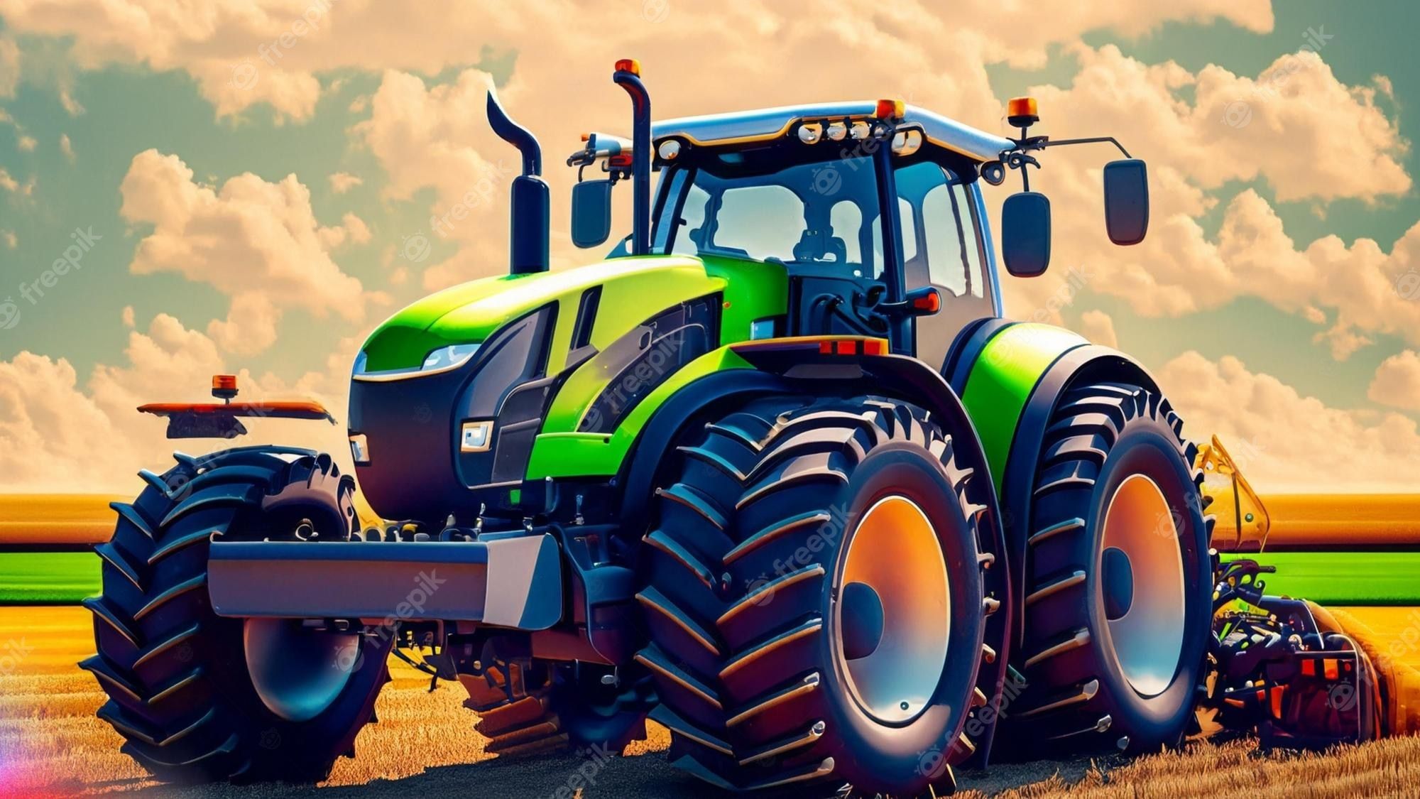 Traktor, Digitale Kunst, Bunt, Wolken, Illustration, 16:9, Full-HD-Hintergrundbild für den Desktop