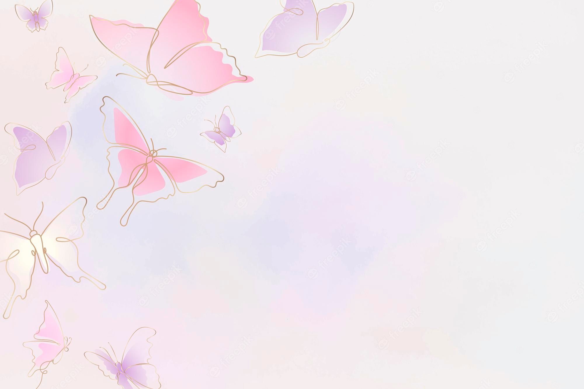 Rosa Schmetterlinge, Line Art, Pastell, Aquarell, Hellgrau, Full HD, PC-Hintergrundbild
