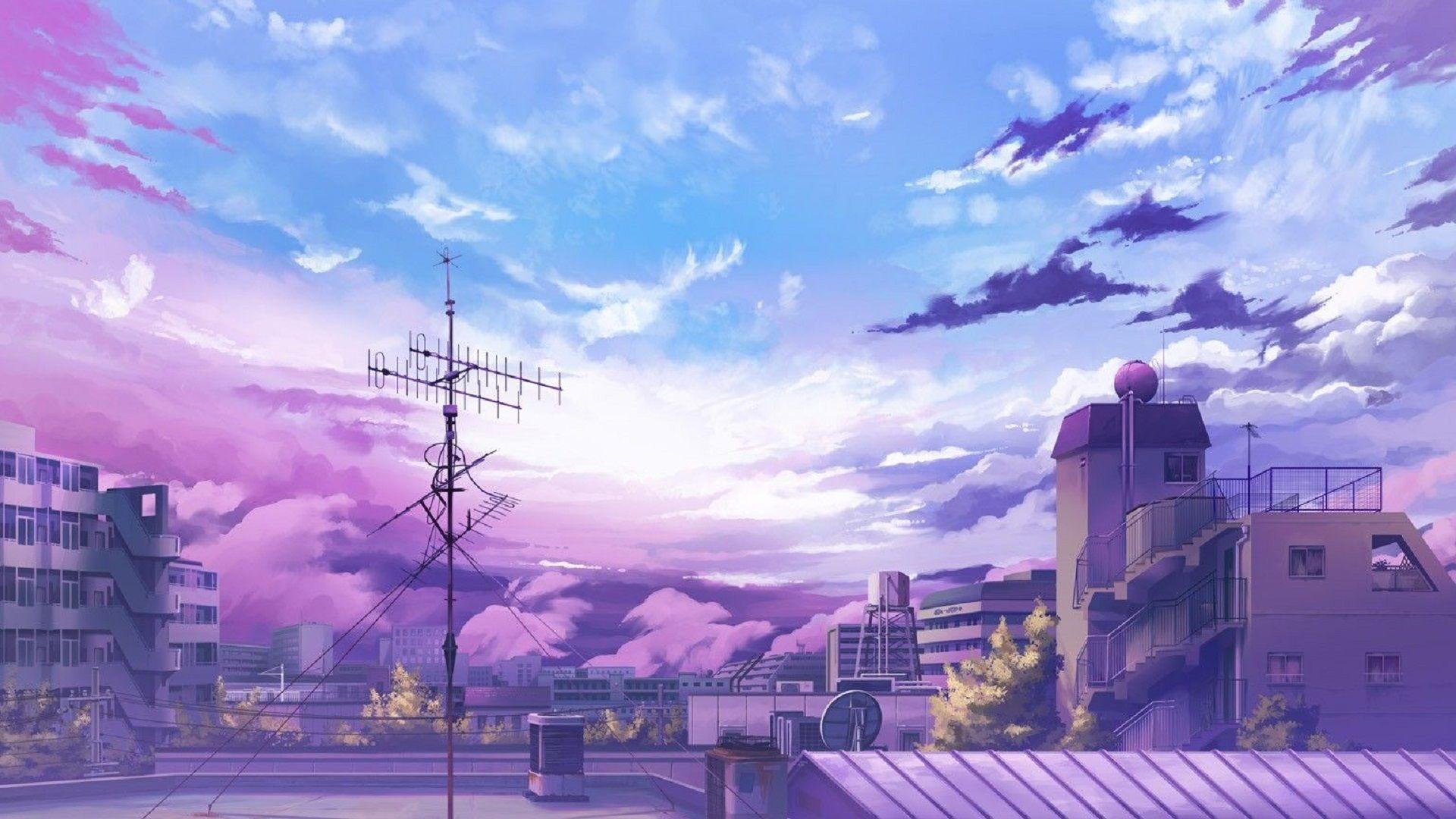 Anime-Stil, Antenne, Dächer, Lila Himmel, Wolken, Full HD, Desktop-Hintergrund für Windows
