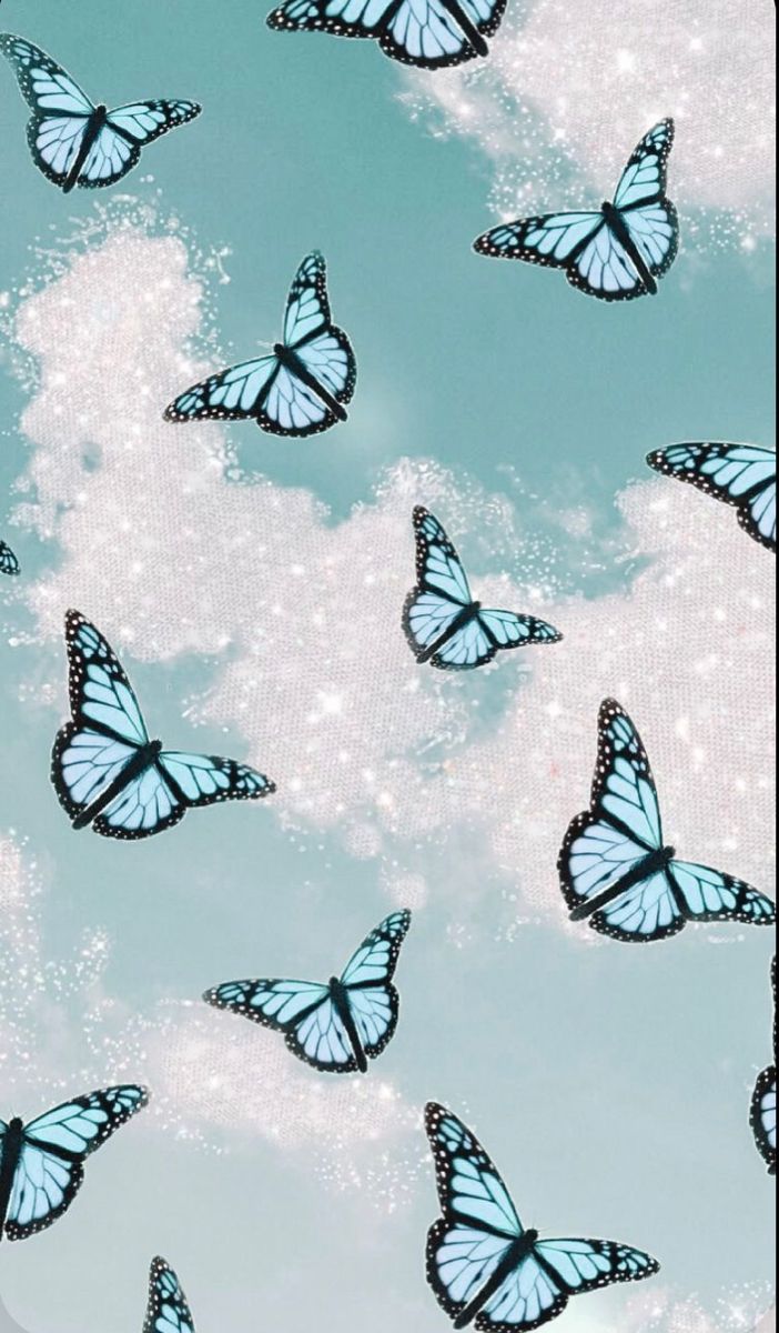 Blaue Schmetterlinge, Wolken, Graublauer Himmel, Schwarm, Ästhetik, Hintergrundbild fürs Handy