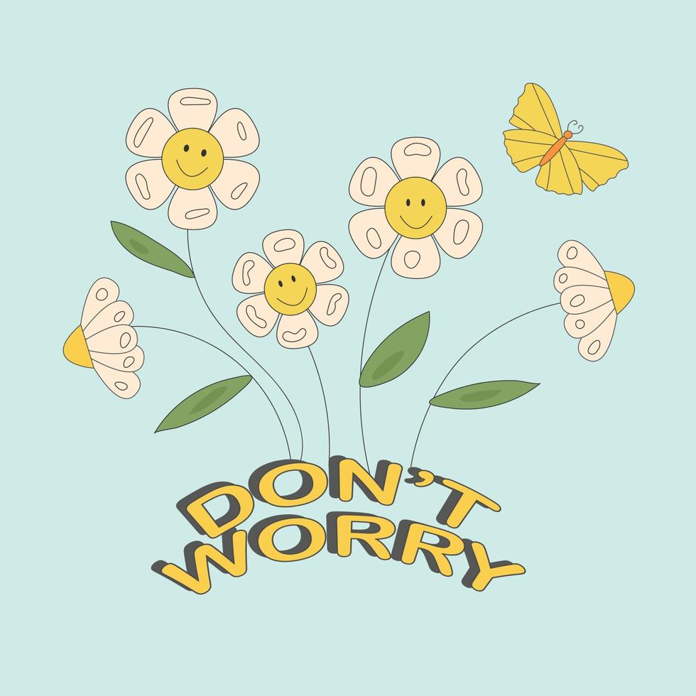 Don't Worry, Gänseblümchen, Smiley-Blumen, Gelber Schmetterling, Retro, Illustration, Tablet-Hintergrund
