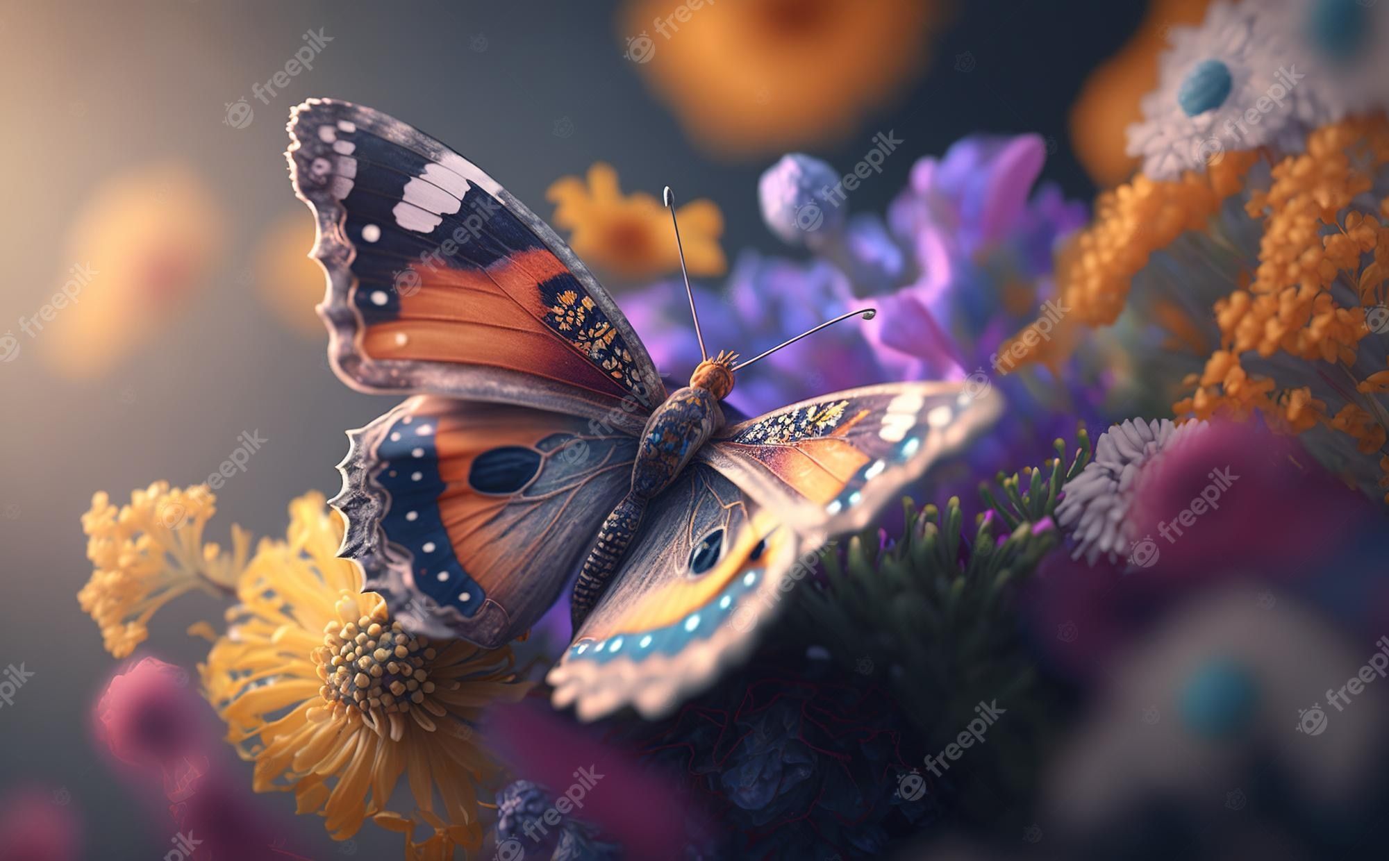 Admiral, Schmetterling, Bunte Blüten, Bokeh, Digitale Kunst, Full HD, Laptop-Hintergrundbild