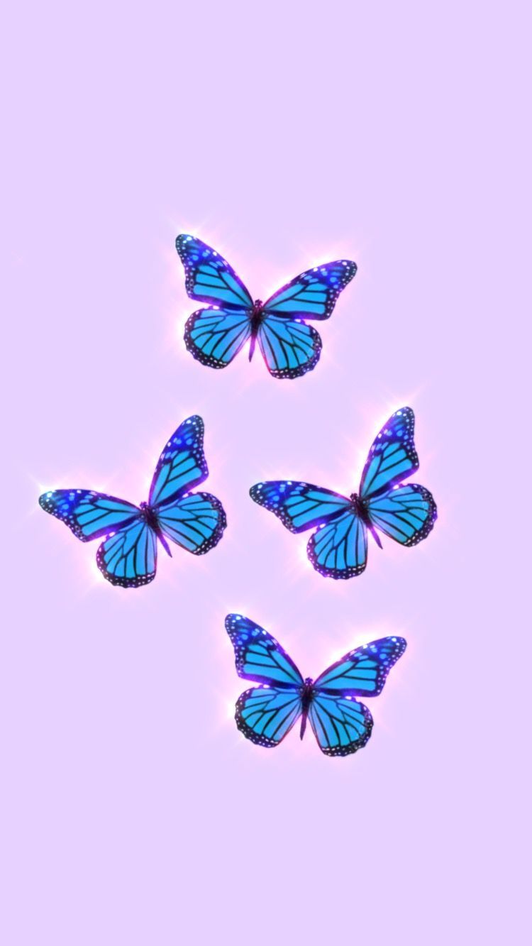 Blaue Schmetterlinge, Fliederfarbener Hintergrund, Pastell, Minimalistisch, Leuchten, Sperrbildschirm