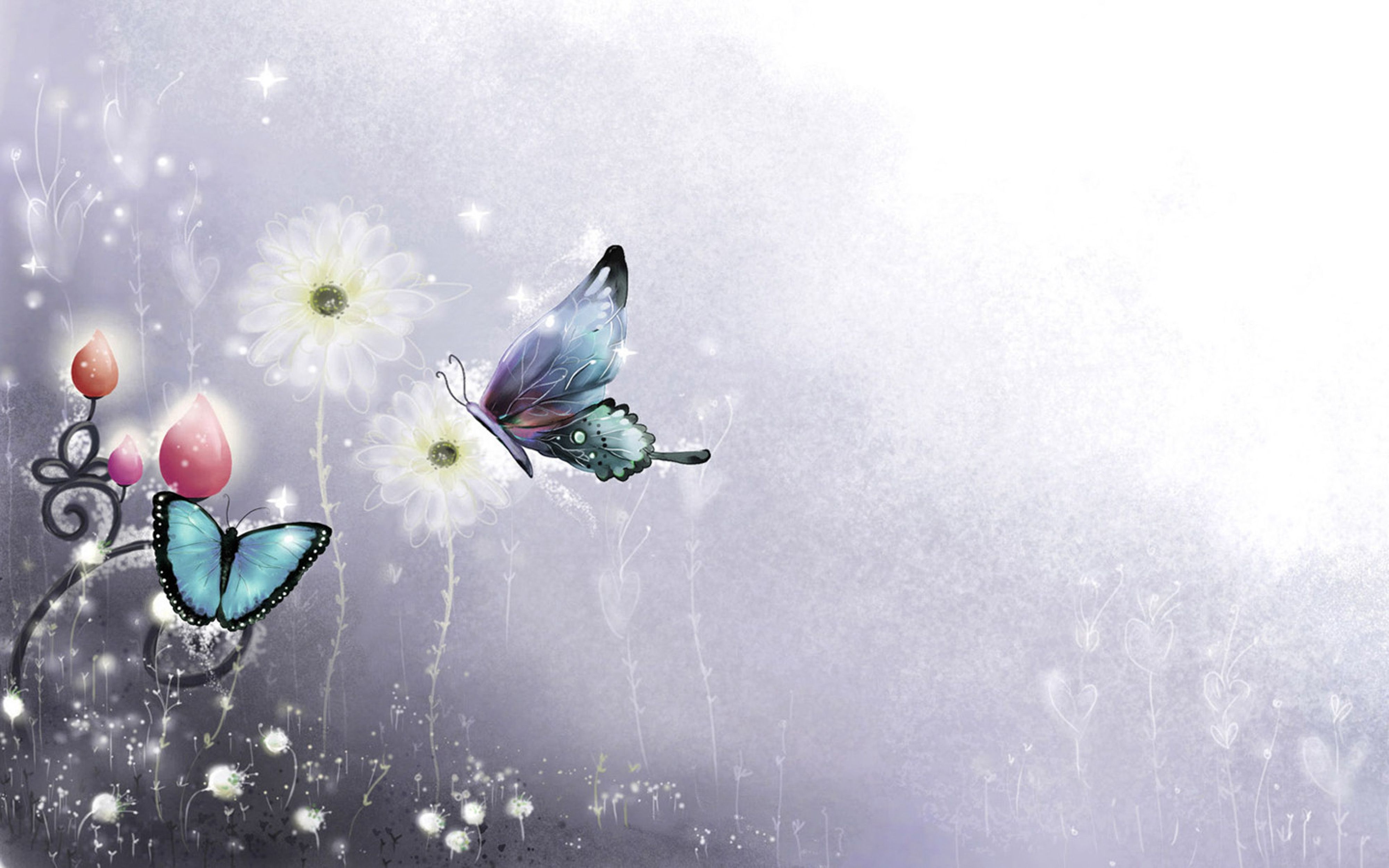Schmetterlinge, Gänseblümchen, Fantasie, Glitzer, Digitale Kunst, Grau, 4K, Windows-Hintergrundbild