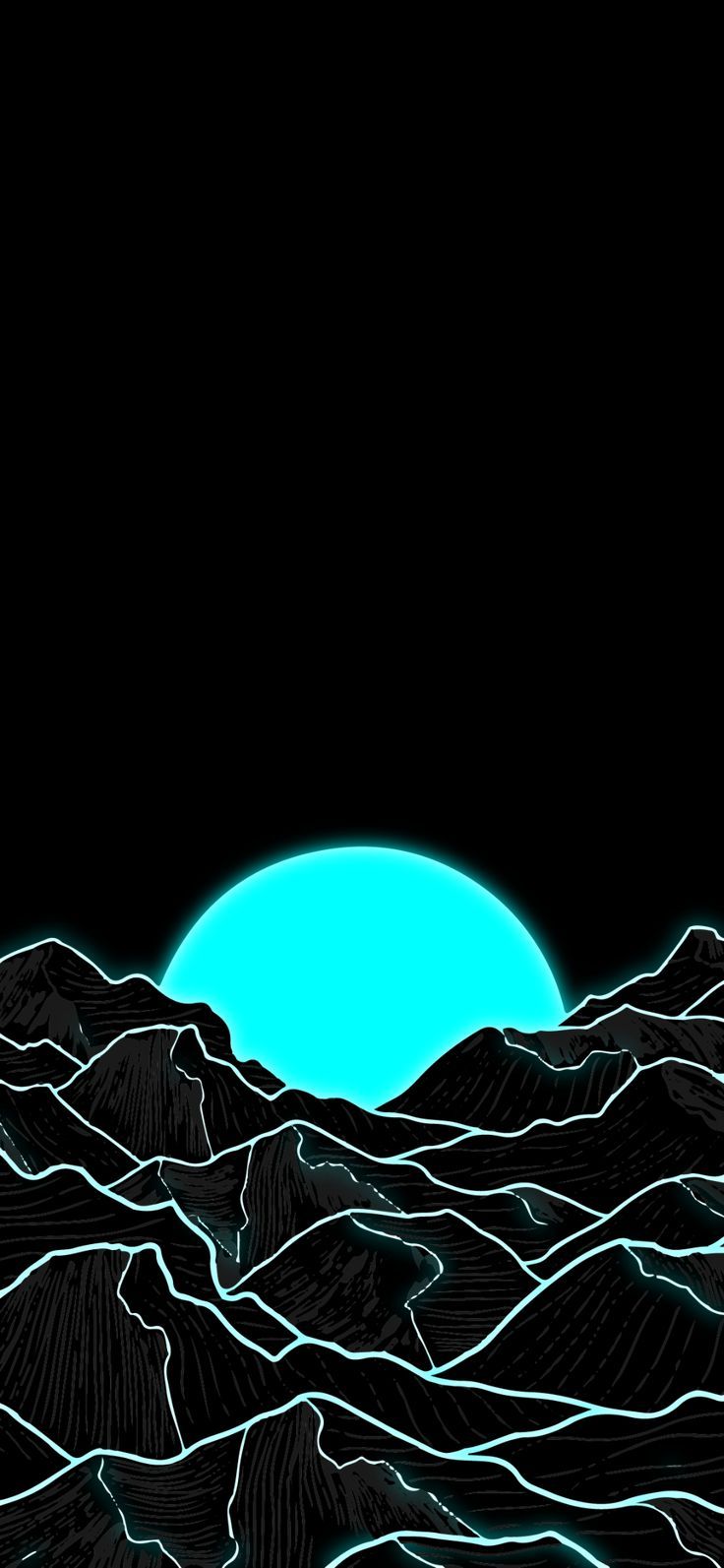 Türkise Sonne, Gebirgslinien, Strichgrafik, Schwarzer Hintergrund, Minimalistisch, Sperrbildschirm