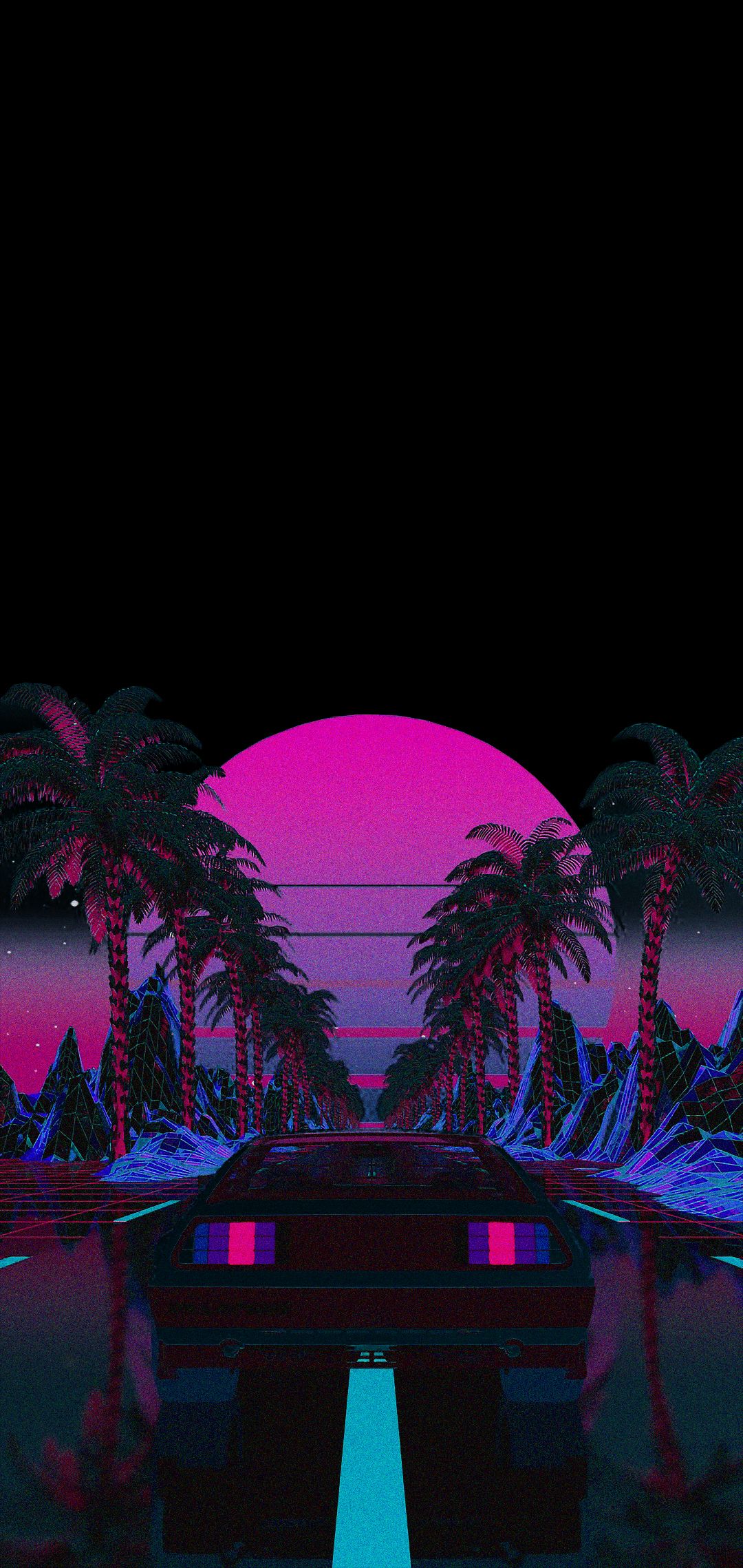 Synthwave, Palmen, Pinke Sonne, Retro, Straße, Full HD, Handy-Hintergrund im Hochformat