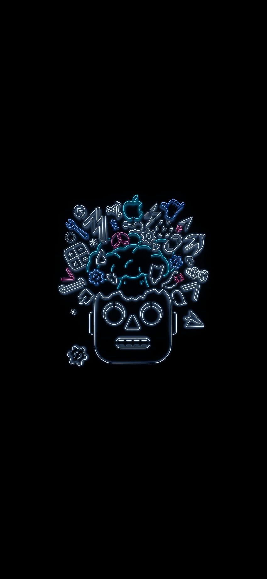 Totenkopf, Strichzeichnung, Blumen, Schwarzer Hintergrund, Neonlinien, Sperrbildschirm fürs iPhone