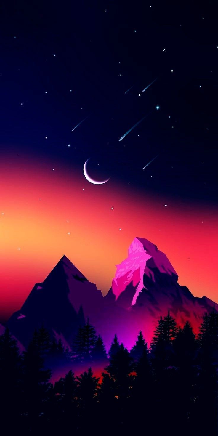 Berge, Mondsichel, Sternenhimmel, Abendrot, Illustration, HD, Handy-Hintergrundbild
