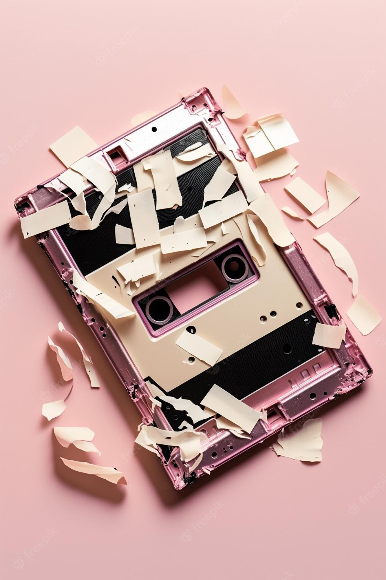 Zerbrochene Kassette, Musikkassette, Scherben, Rosa Hintergrund, Retro, Sperrbildschirm fürs iPhone