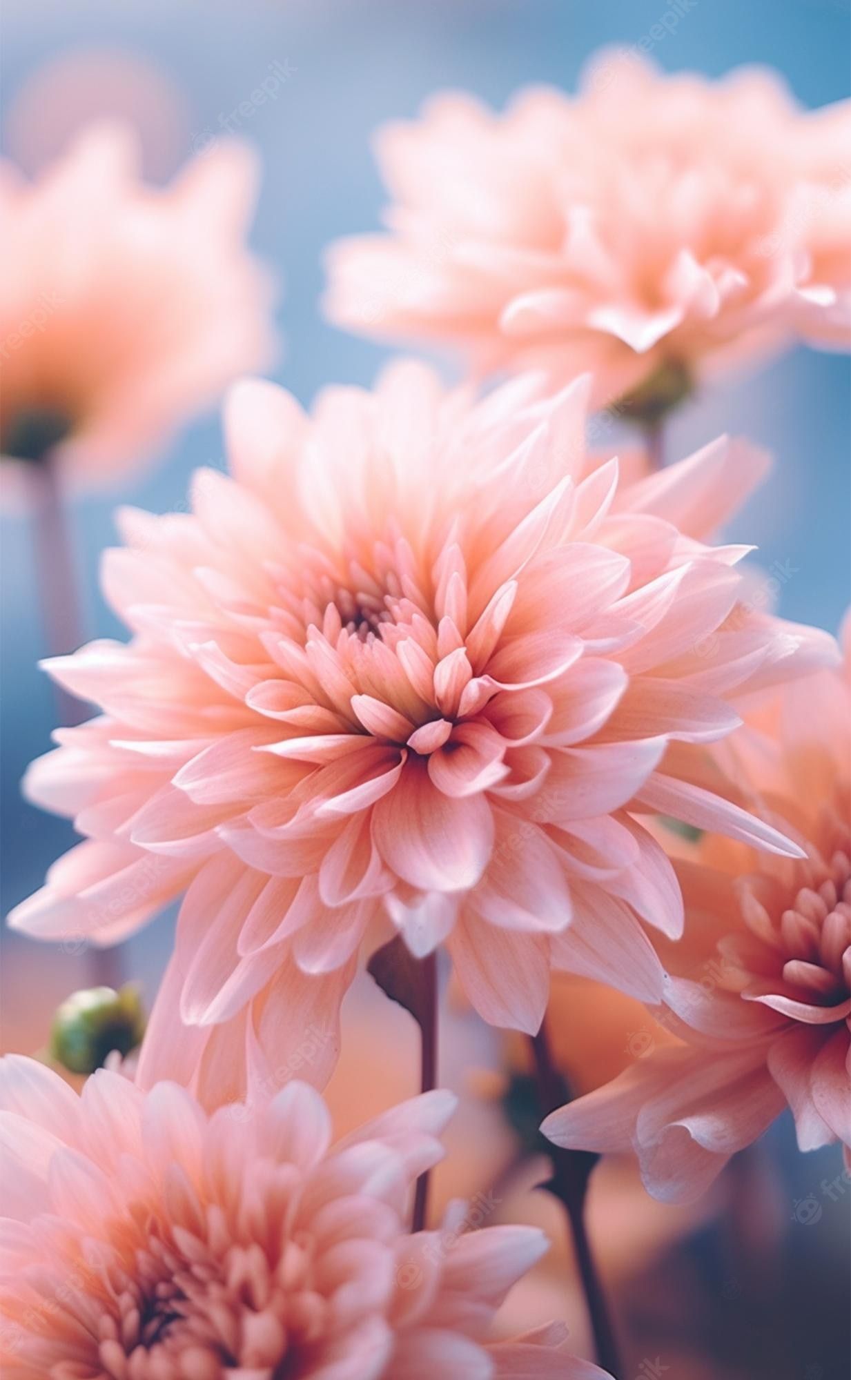 Dahlien, Pfirsichrosa, Himmel, Bokeh, Full HD, Hintergrundbild fürs Handy