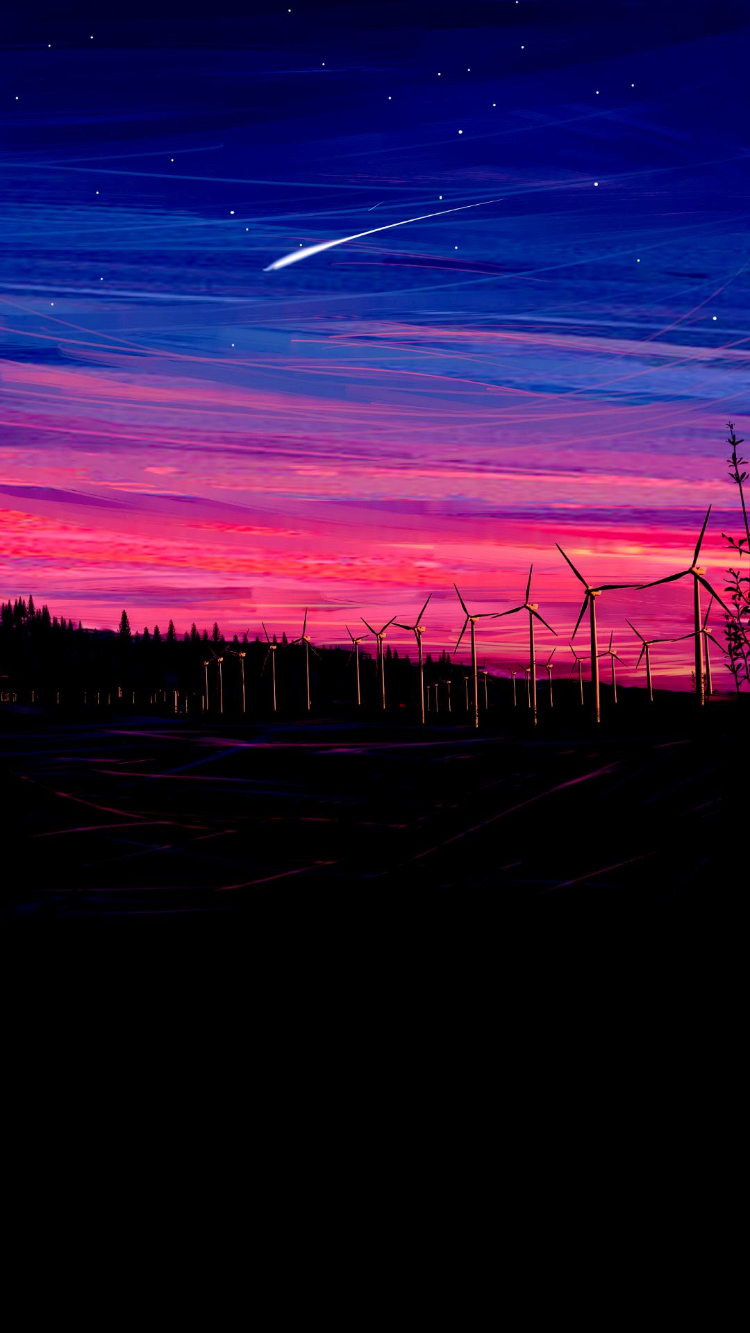 Windräder, Sternschnuppe, Abendrot, Dämmerung, Landschaft, 1080x1920, Handy-Hintergrund