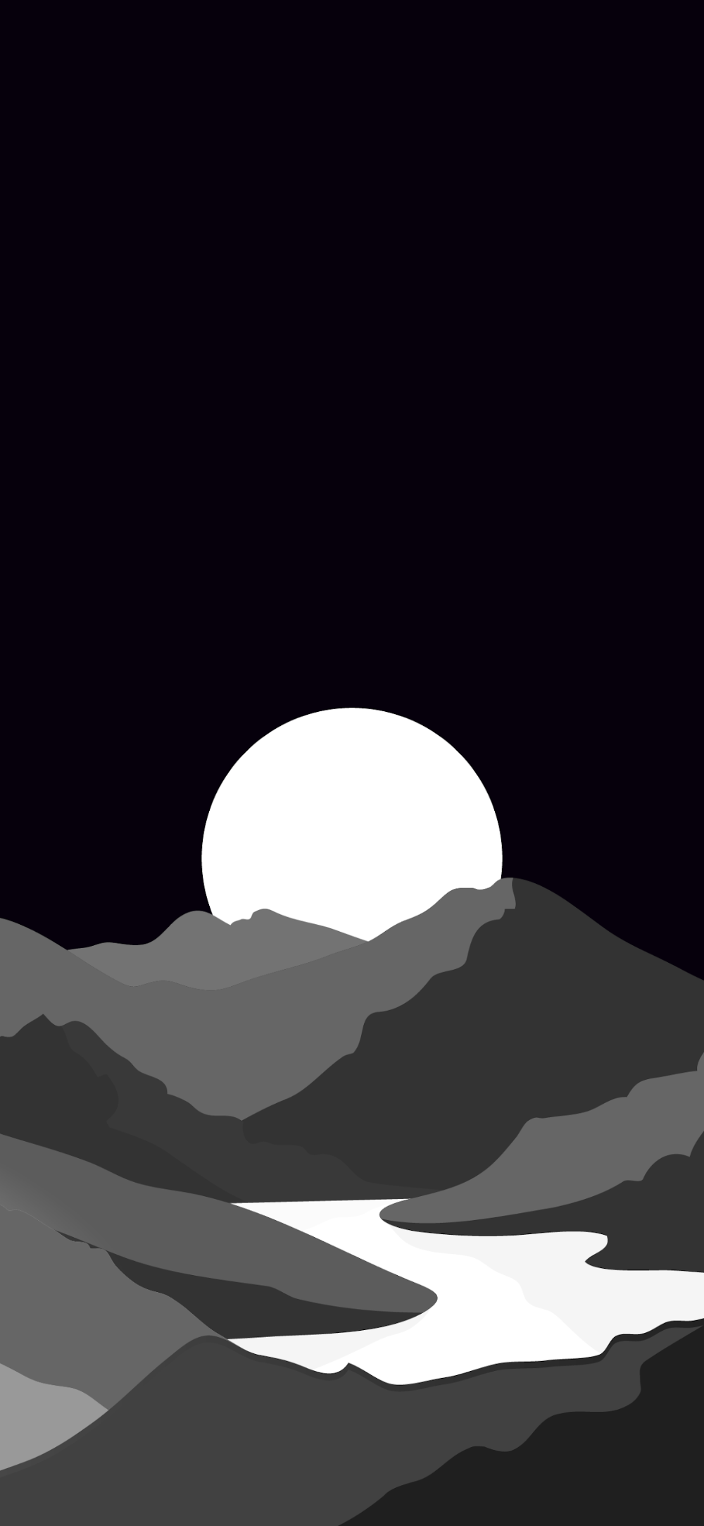 Vollmond, Berge, Fluss, Schwarz-Weiß, Minimalistisch, HD, Hintergrundbild fürs Handy