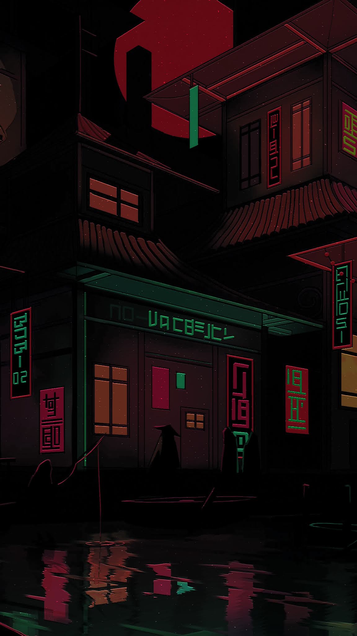Gasse, Nacht, Regen, Anime-Stil, Rote Lichter, Full HD, Hintergrundbild fürs Handy