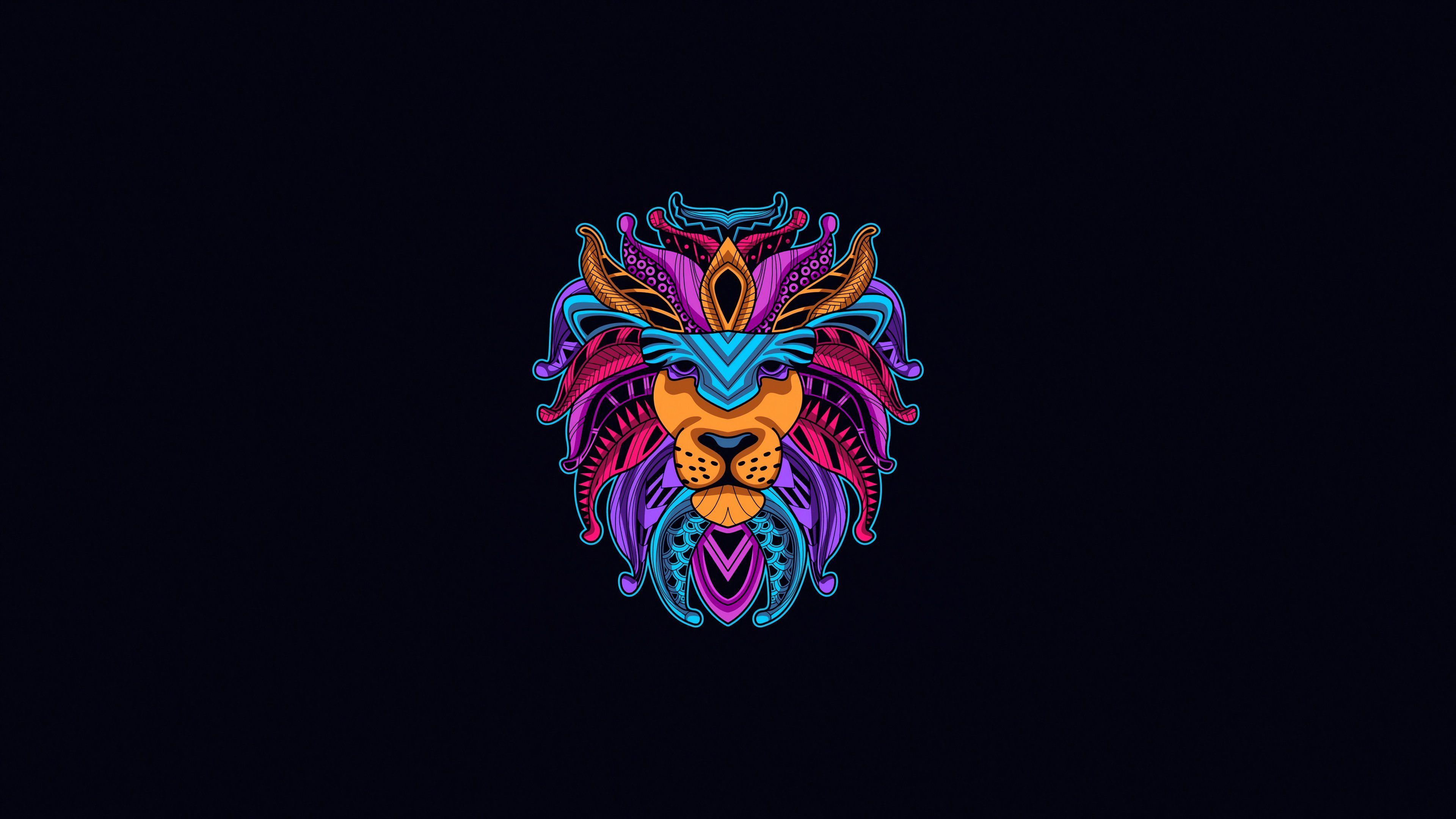Löwe, Neonfarben, Ornamentik, Schwarzer Hintergrund, Illustration, 4K Wallpaper
