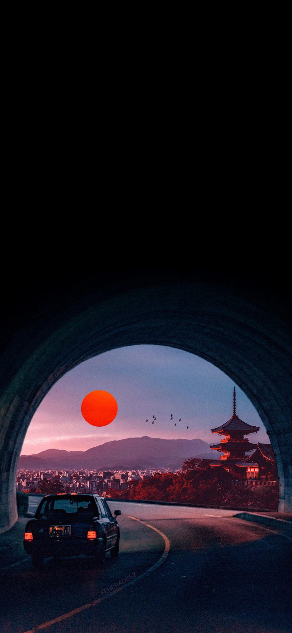 Tunnel, Pagode, Rote Sonne, Auto, Japan, Full HD, Sperrbildschirm fürs iPhone