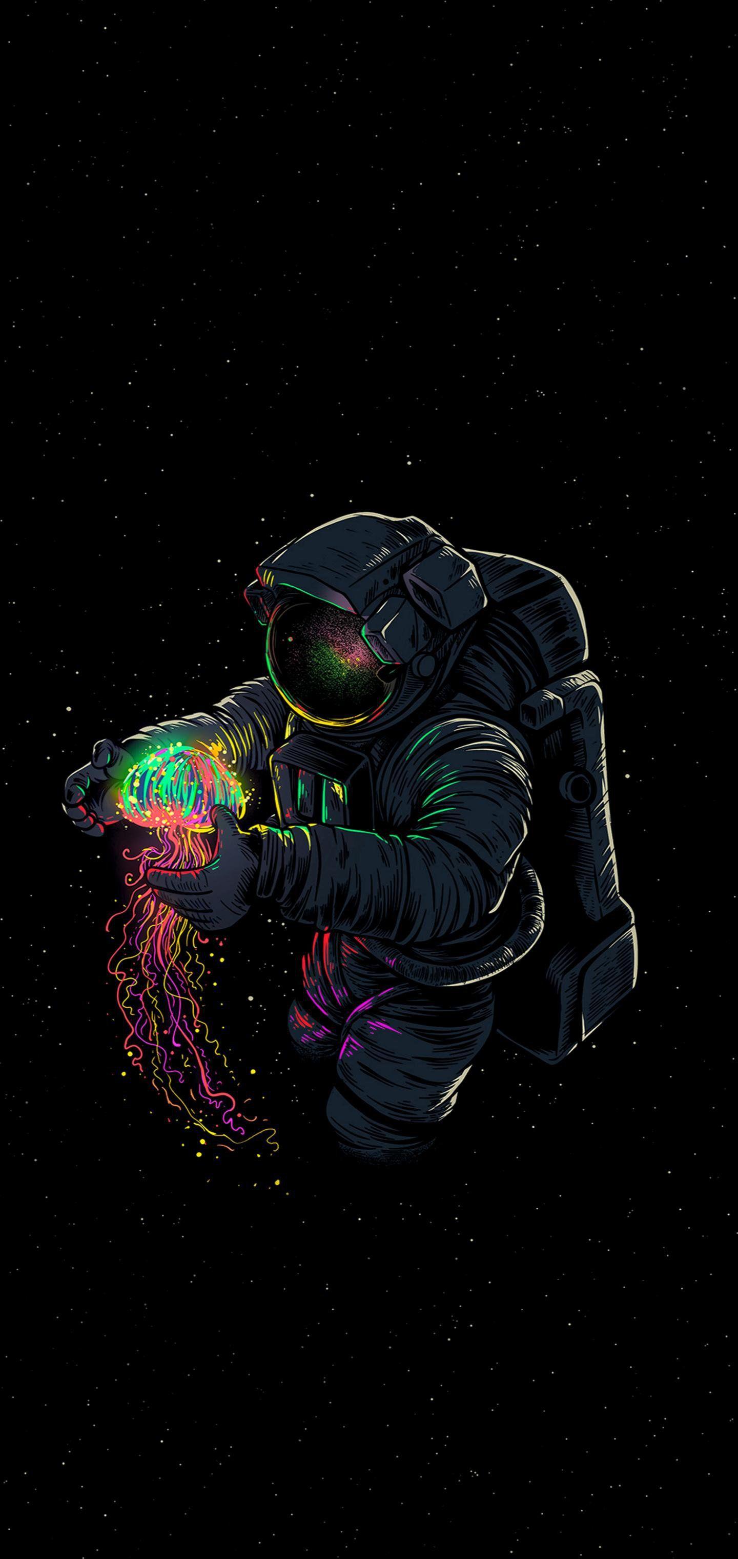 Astronaut, Qualle, Neonfarben, Schwarzer Hintergrund, Digitale Kunst, Sperrbildschirm fürs iPhone