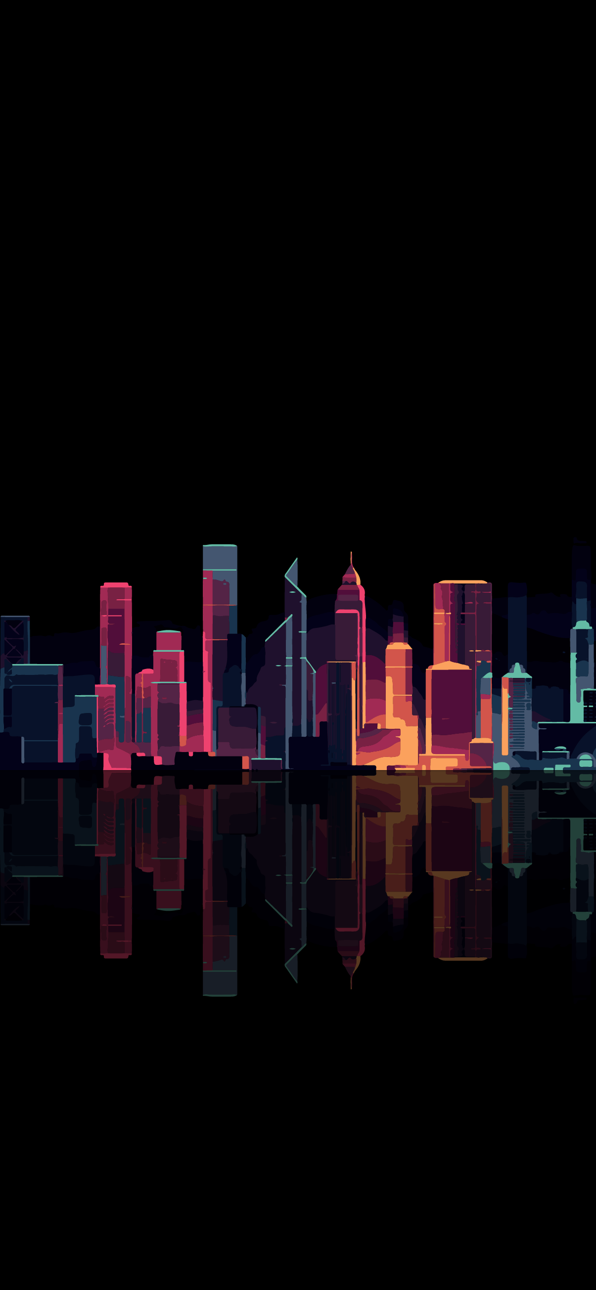 Skyline, Stadt bei Nacht, Neonlichter, Spiegelung, Schwarz, Full HD, Handy-Hintergrundbild