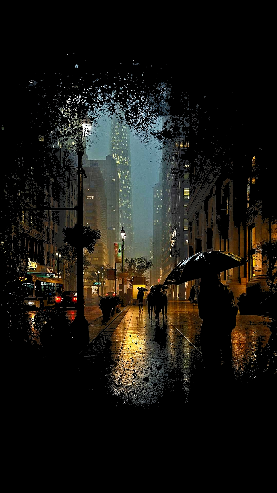 Stadtstraße, Regen, Nacht, Regenschirm, Bäume, Full HD, Sperrbildschirm fürs iPhone