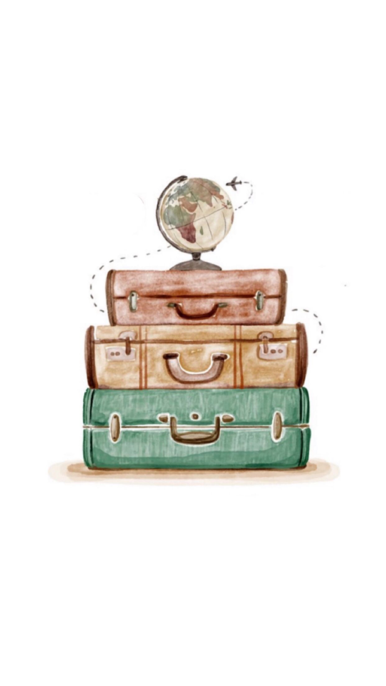 Kofferstapel, Globus, Illustration, Pastellfarben, Weißer Hintergrund, Reisen, Sperrbildschirm