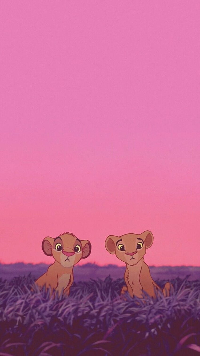 Simba, Nala, Löwenjunge, Rosa Himmel, Gras, HD, Handy-Hintergrund im Hochformat