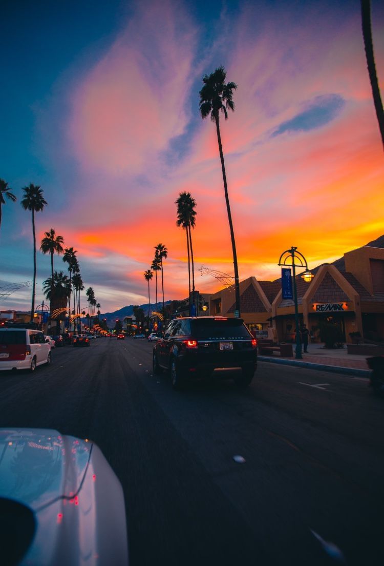 Palmen, Straße, Sonnenuntergang, Roadtrip, Orange Himmel, HD, Tablet-Hintergrund