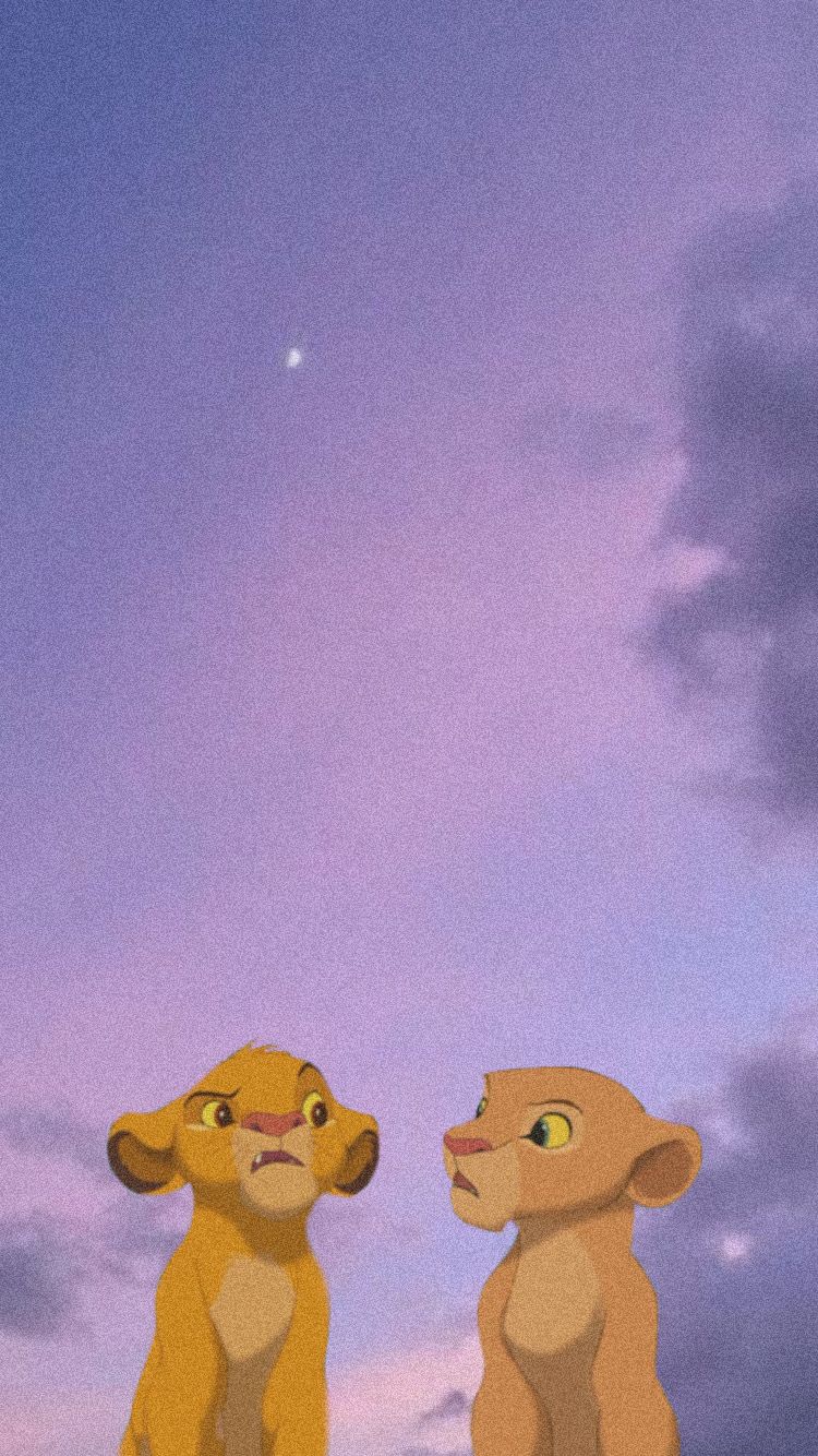 Simba, Nala, Der König der Löwen, Lila Himmel, Sterne, Hochformat, Hintergrundbild fürs Smartphone