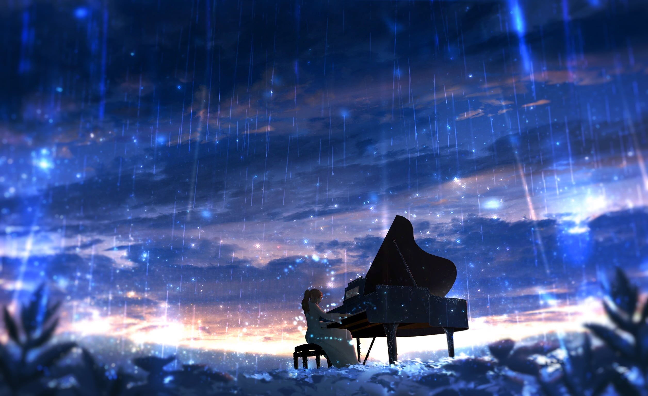 Pianist, Flügel, Sternenregen, Nachthimmel, Blau, Full HD, Desktop-Hintergrund für Windows