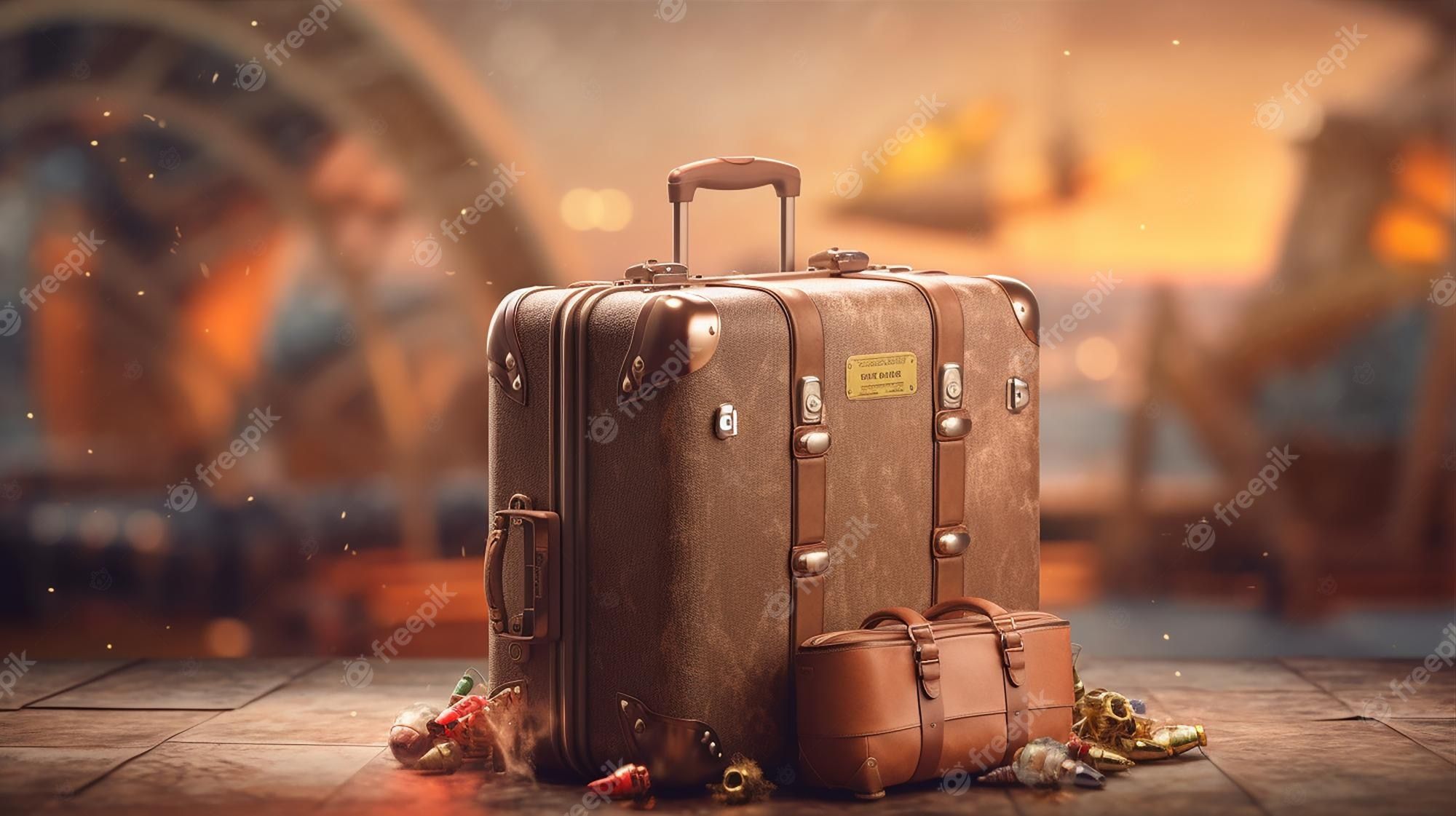 Lederkoffer, Vintage, Reisetasche, Bokeh, Warmes Licht, Fantasy, Full HD, Windows-Hintergrundbild