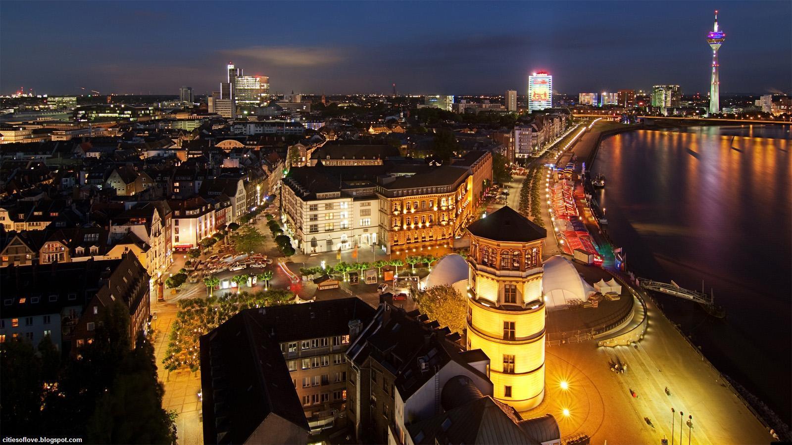 Rheinturm, Schlossturm, Altstadt, Rheinuferpromenade, Düsseldorf, Nacht, HD, Windows-Hintergrundbild