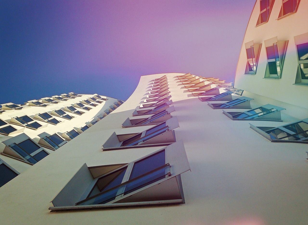 Medienhafen, Moderne Architektur, Fassade, Froschperspektive, Lila Himmel, HD, Laptop-Hintergrundbild
