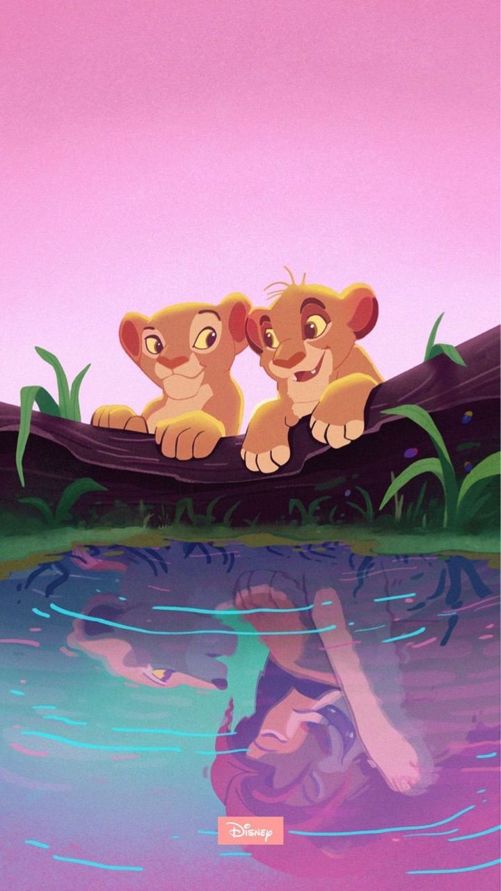 Simba, Nala, Wasserspiegelung, Rosa Himmel, Der König der Löwen, HD, Handy-Hintergrund