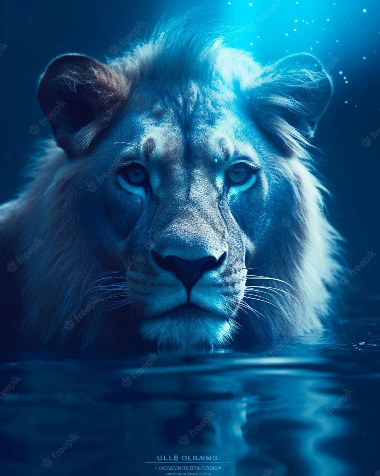 Löwe, Wasser, Blaues Licht, Digitale Kunst, Fantasy, QHD+, Hintergrundbild fürs Tablet