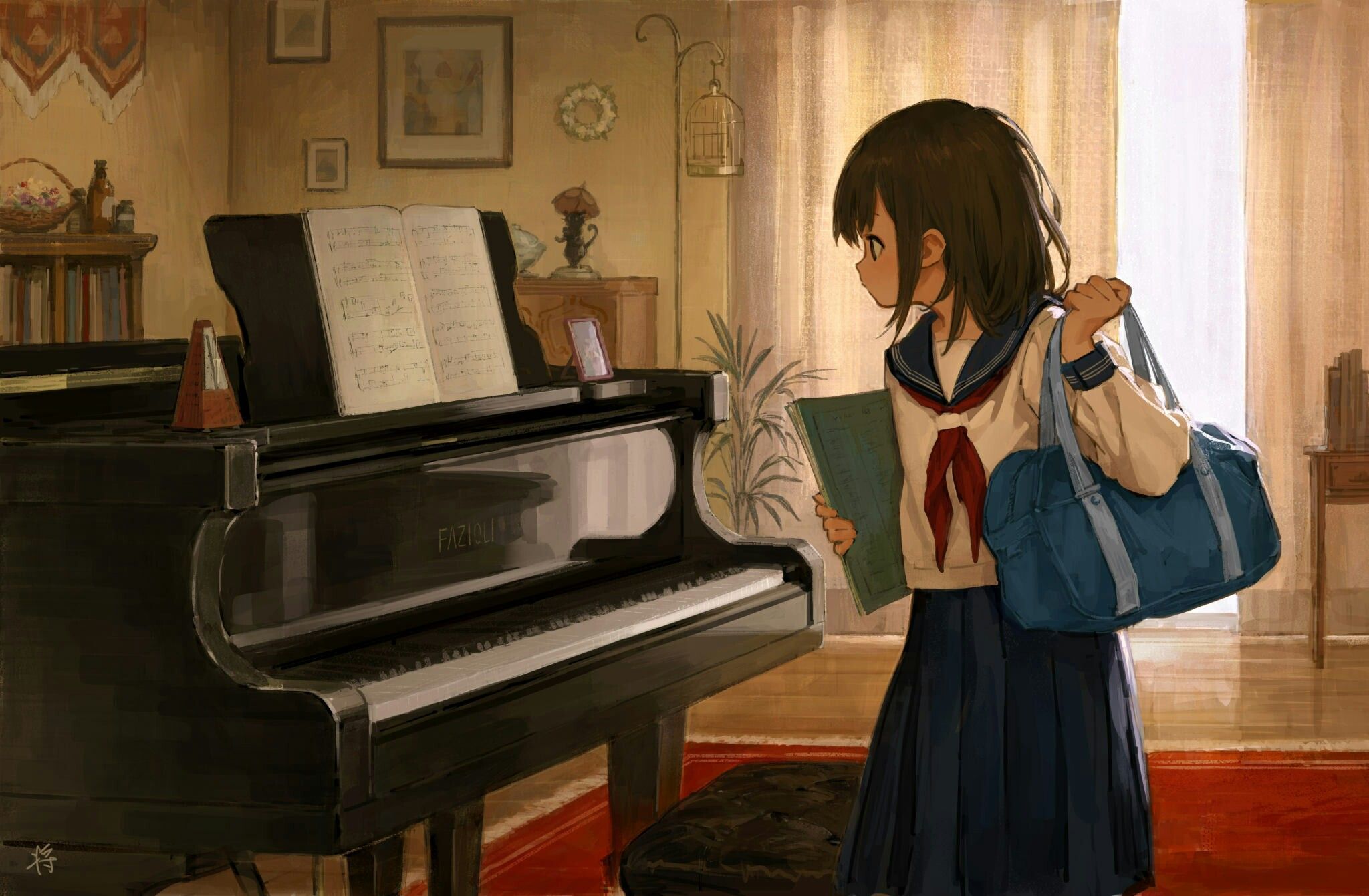 Schülerin, Schuluniform, Flügel, Wohnzimmer, Noten, Full HD, Desktop-Hintergrund für Windows
