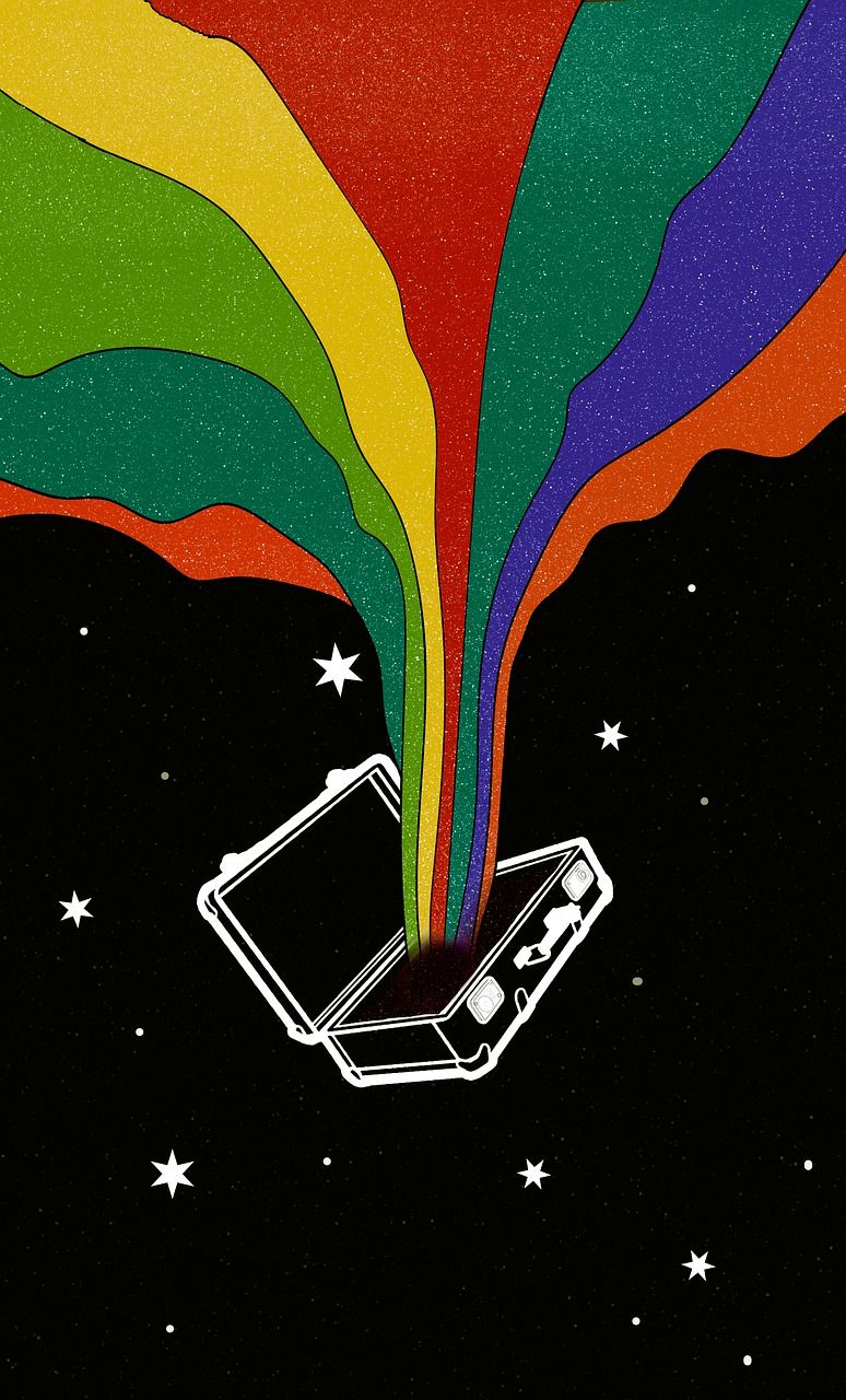 Koffer, Regenbogen, Weltall, Sterne, Illustration, Schwarzer Hintergrund, Sperrbildschirm fürs iPhone