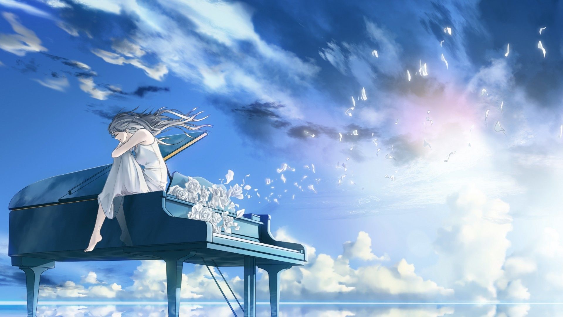Mädchen auf Flügel, Weißes Kleid, Himmel, Wolken, Federn, Full HD, Windows-Hintergrundbild