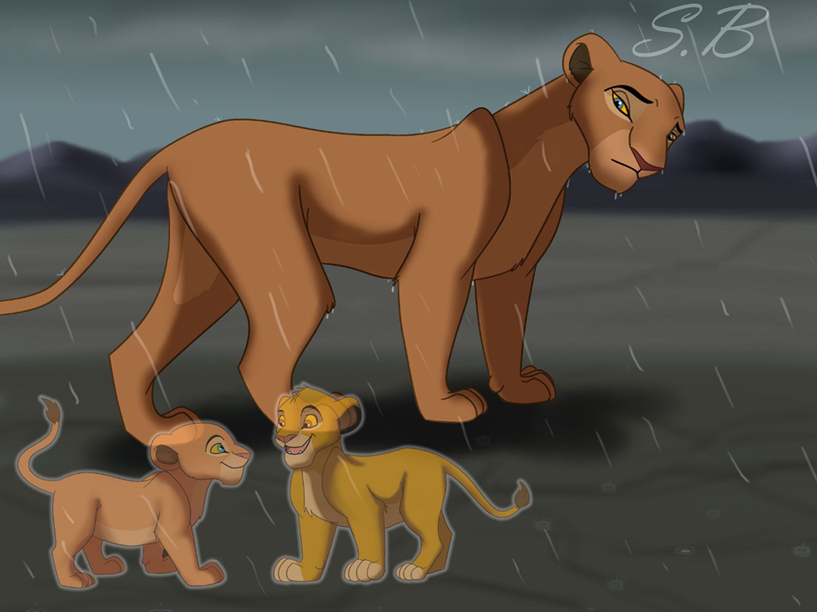 Löwin, Simba, Nala, Regen, Fanart, Zeichnung, HD, Hintergrundbild fürs Tablet
