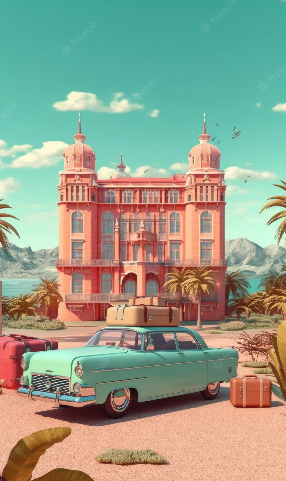 Hotel, Oldtimer, Koffer, Palmen, Retro-Illustration, Pastellfarben, Hintergrundbild fürs Handy