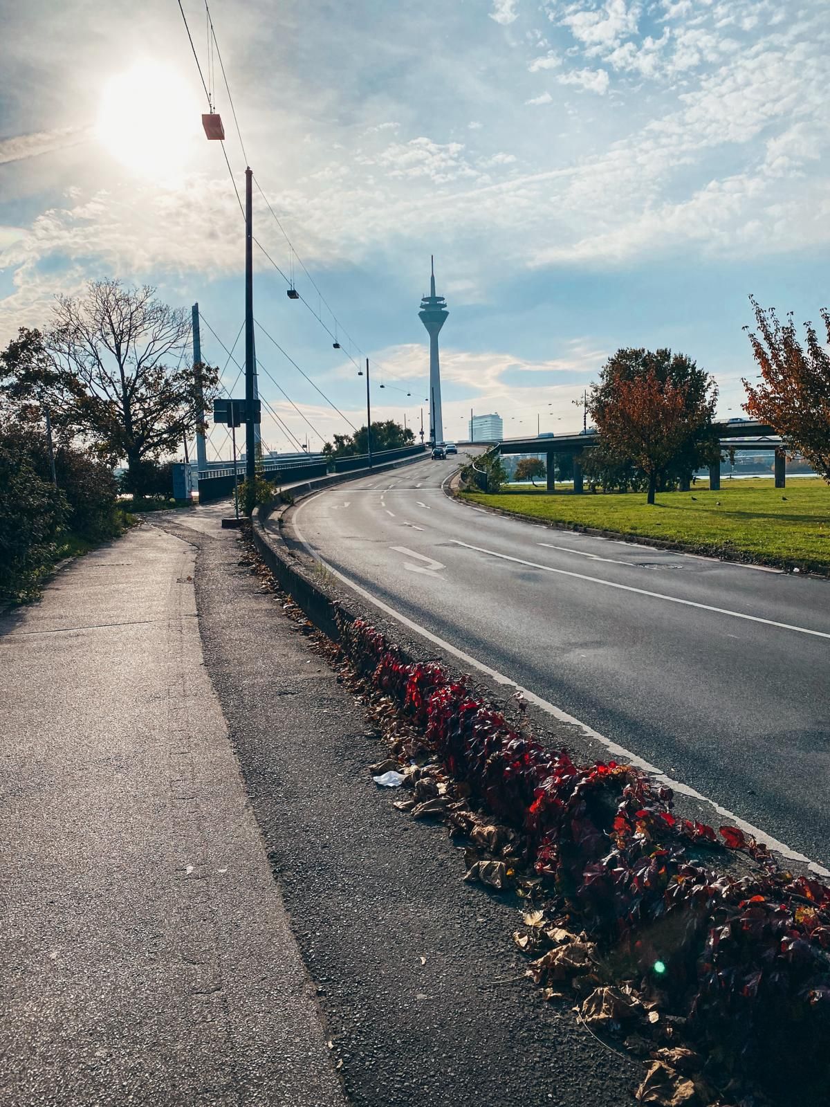 Rheinturm, Straße, Herbst, Rheinufer, Sonnig, Full HD, Hintergrundbild fürs Tablet