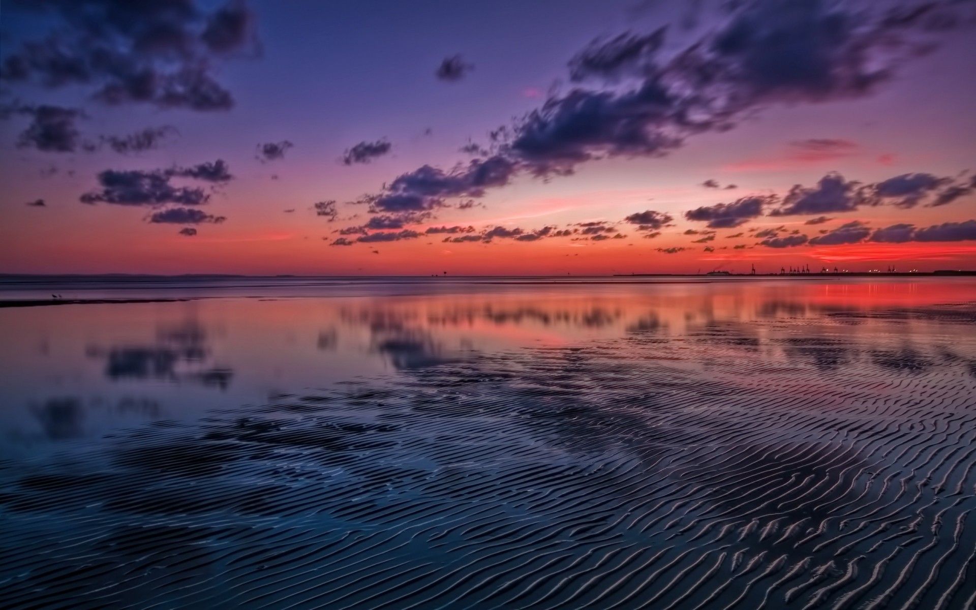 Sonnenuntergang, Strand, Spiegelung, Wolken, Lila Himmel, Full HD, PC-Hintergrundbild