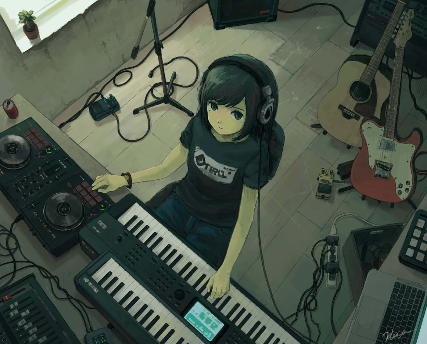 Mädchen mit Kopfhörern, Keyboard, Synthesizer, E-Gitarre, Vogelperspektive, HD, Windows-Hintergrundbild