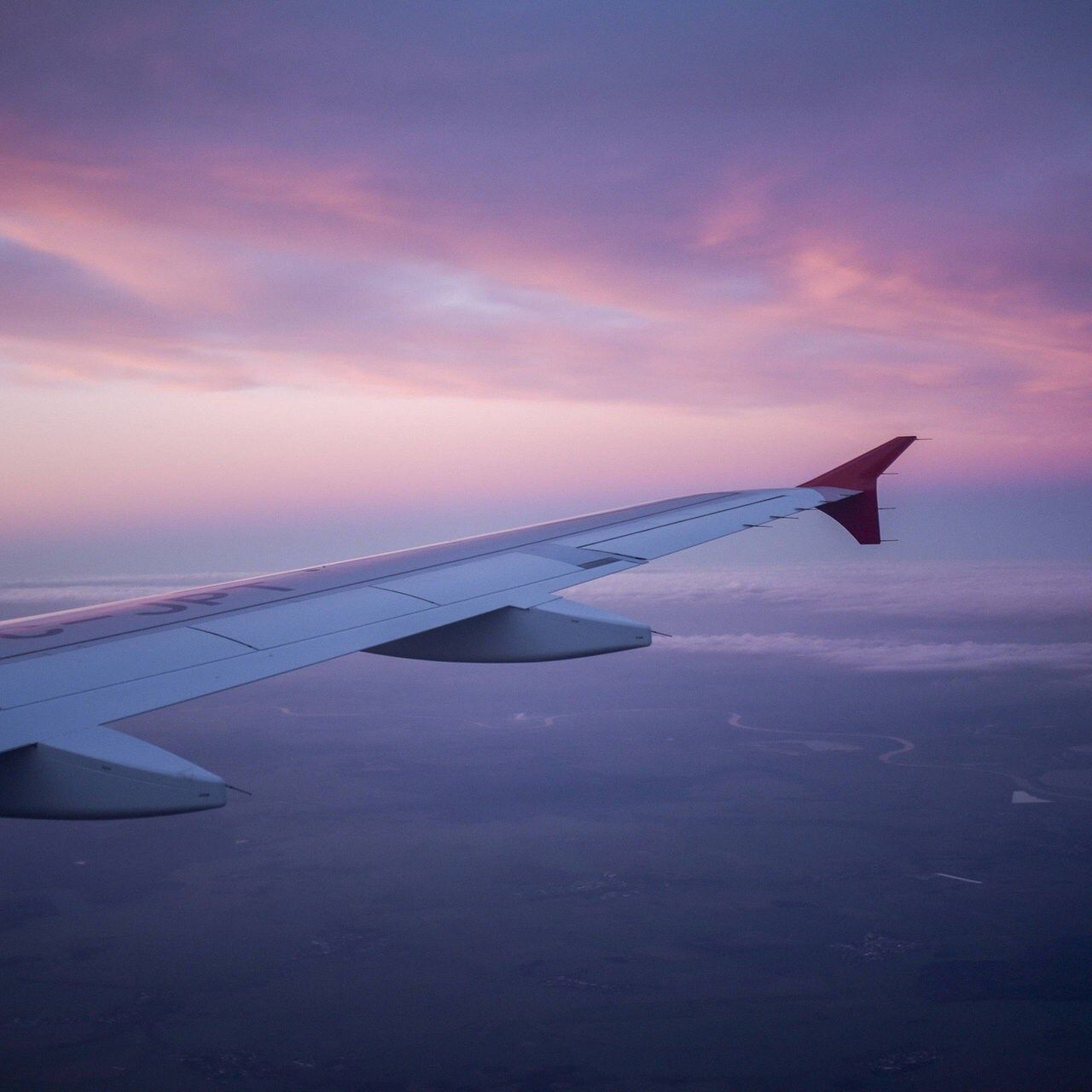 Flugzeugflügel, Lila Himmel, Dämmerung, Fliegen, HD, iPad-Hintergrundbild