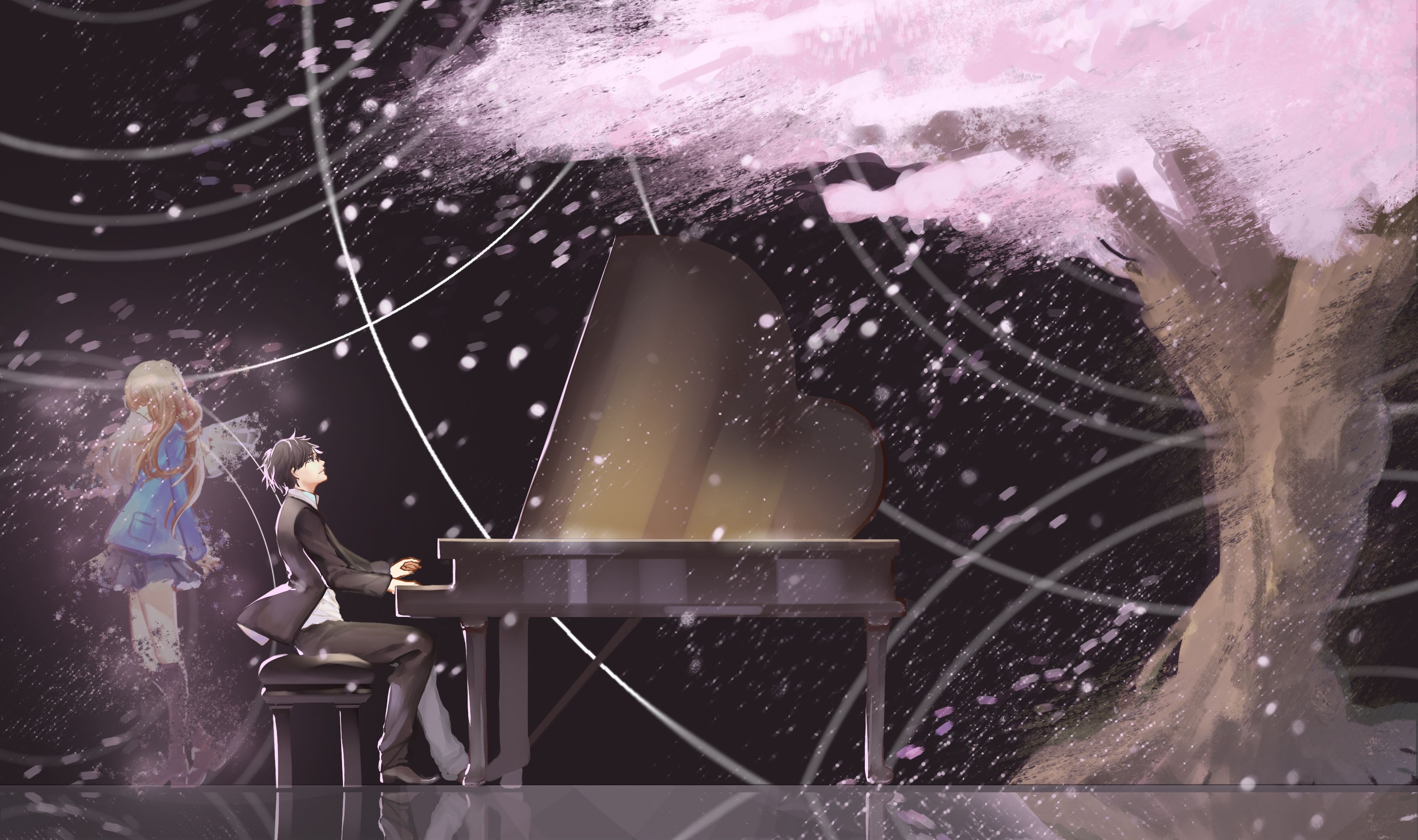 Your Lie in April, Flügel, Geige, Kirschblüten, Pianist, 2K, Windows-Hintergrundbild