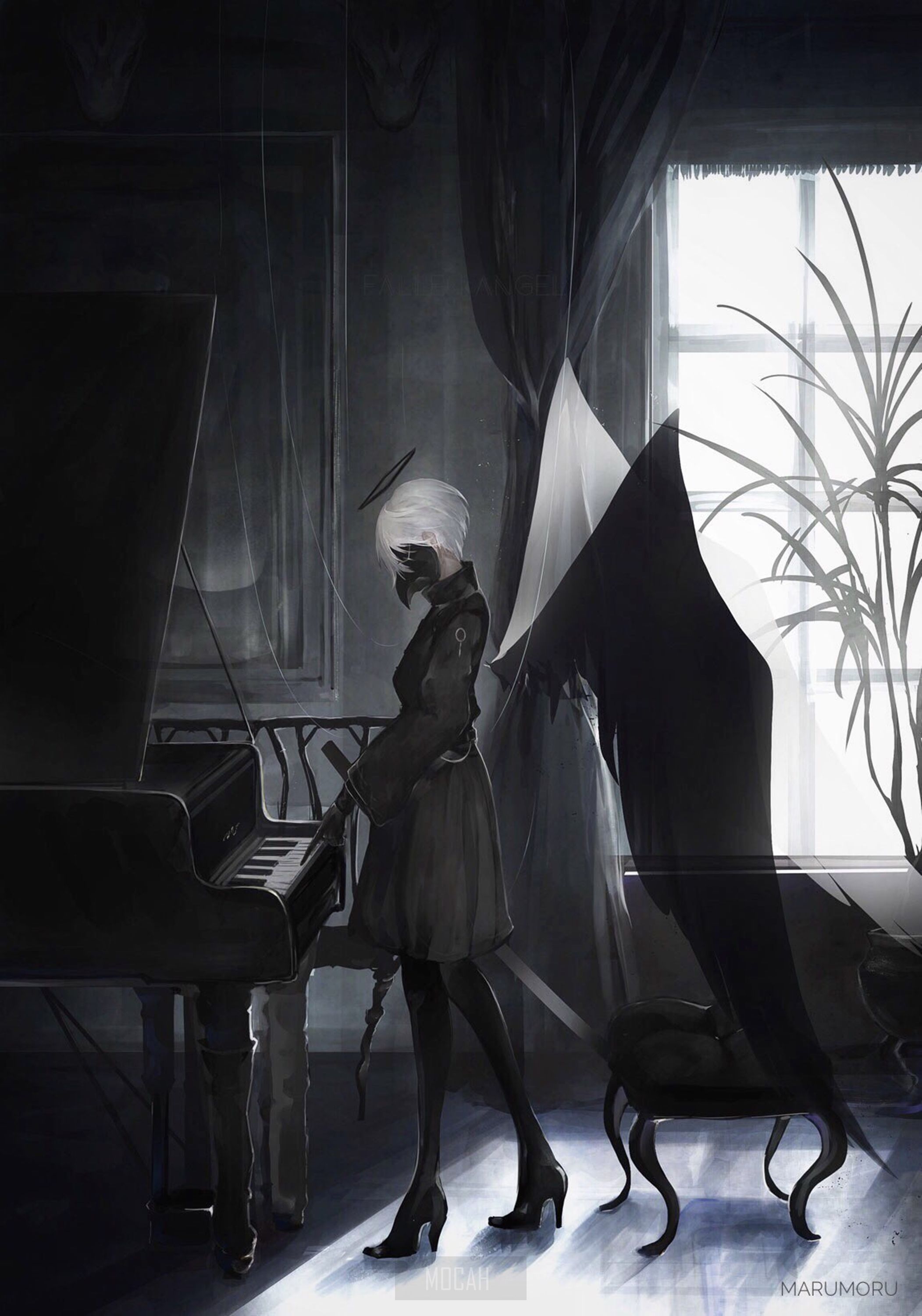 2B (NieR: Automata), NieR: Automata, Klavier, Schwarz-Weiß, Fenster, QHD+, iPad-Hintergrundbild