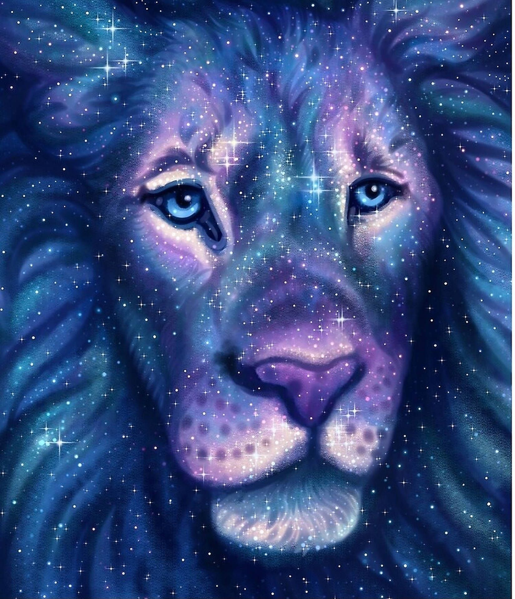 Löwe, Sternenmähne, Galaxie, Blau, Lila, Gemälde, QHD+, iPad-Hintergrundbild