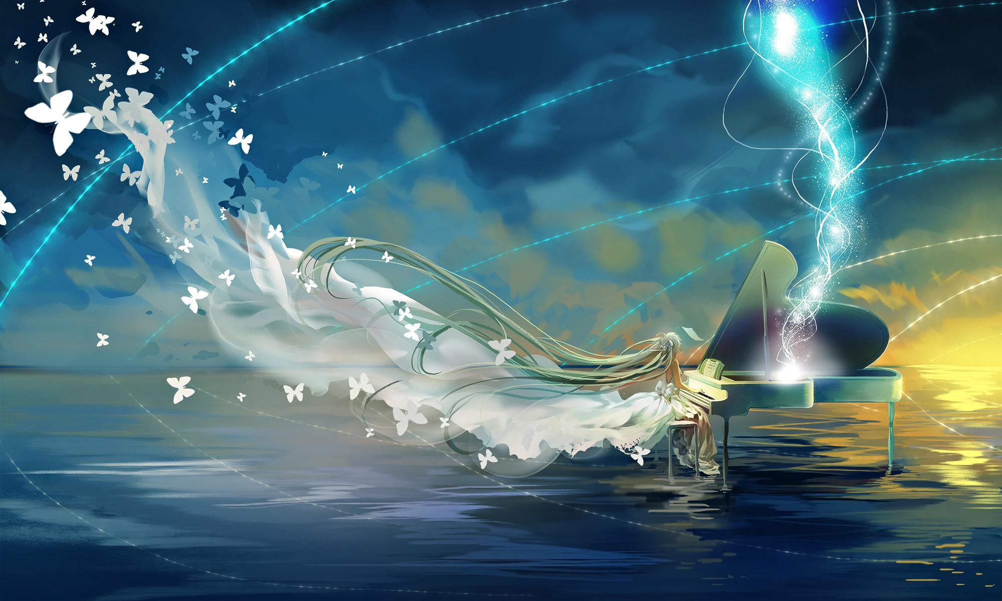 Hatsune Miku, Vocaloid, Flügel, Schmetterlinge, Meer, Full HD, Desktop-Hintergrund für Windows