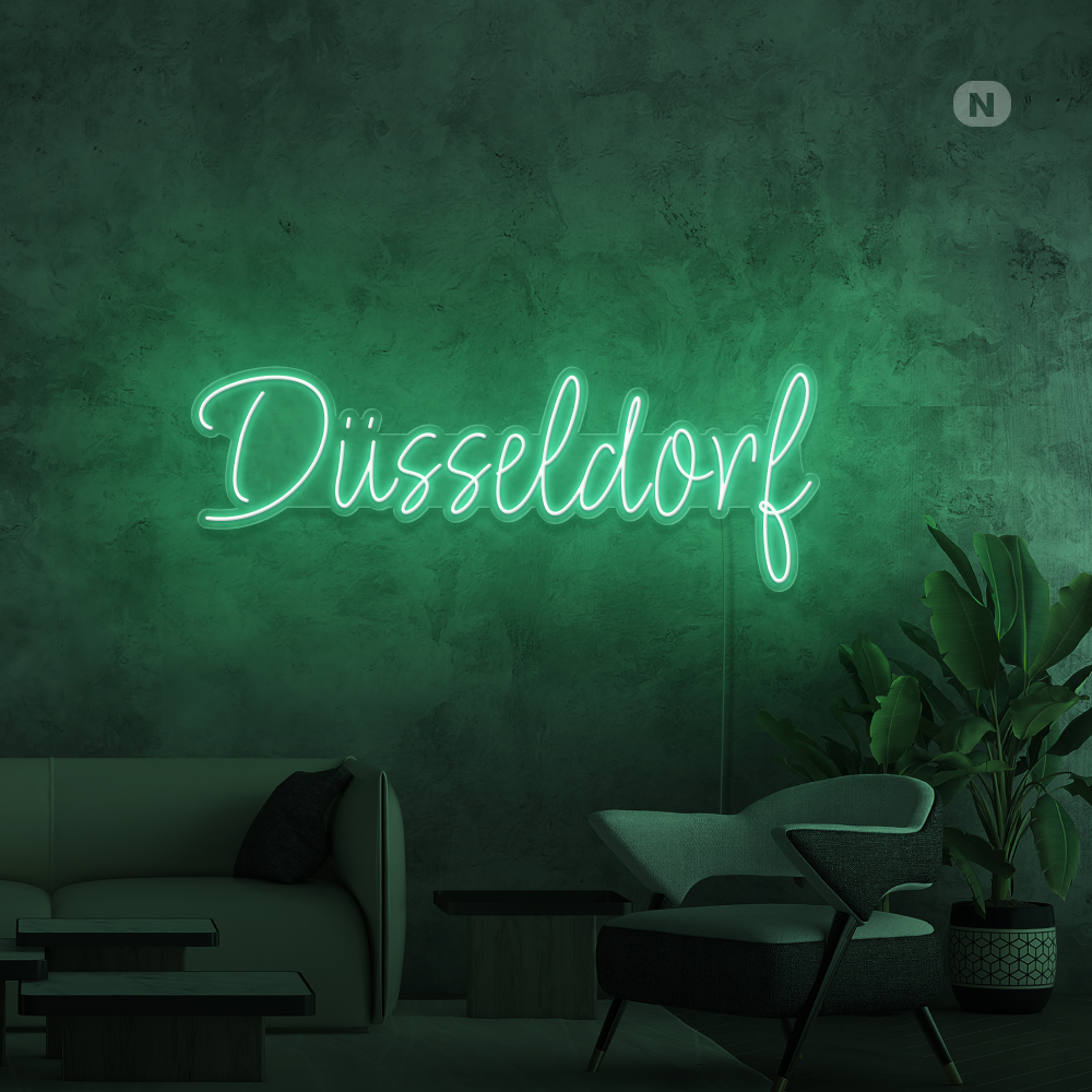 Düsseldorf, Neonschrift, Grüne Wand, Interieur, Pflanze, Hintergrundbild fürs Tablet