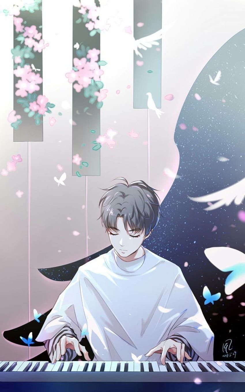 Junge am Keyboard, Weißer Pullover, Kirschblüten, Klaviertasten, Pastell, Android-Hintergrundbild