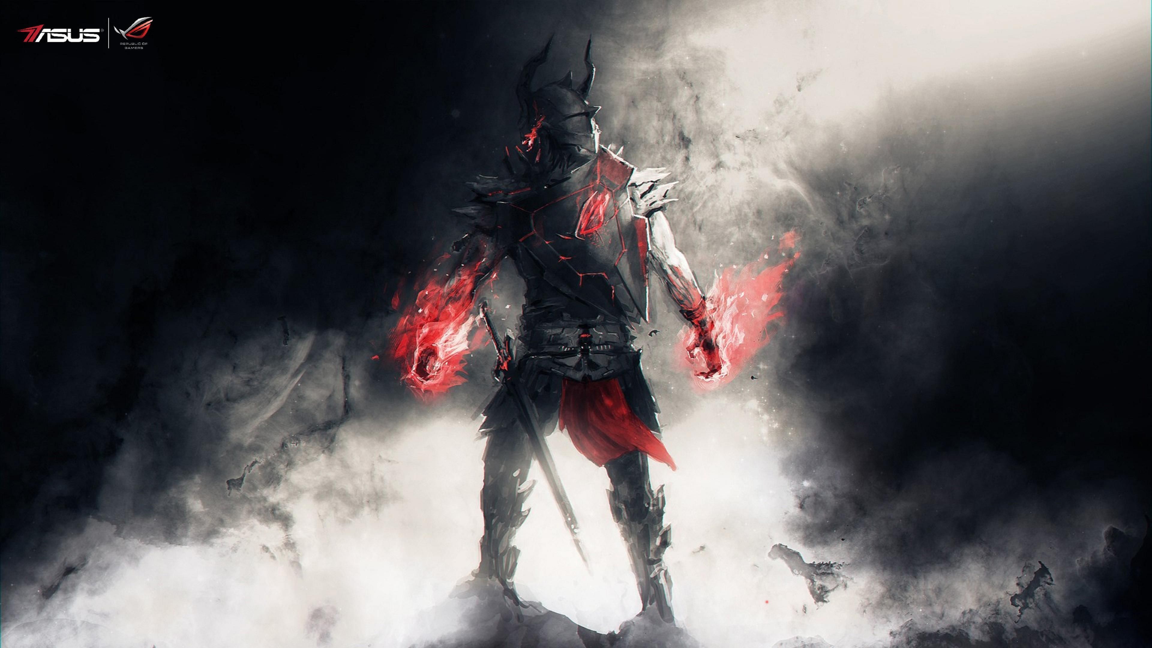 Krieger, Kapuze, Rauch, Rotes Leuchten, Fantasy, 3840x2160, 4K-Hintergrundbild für PC
