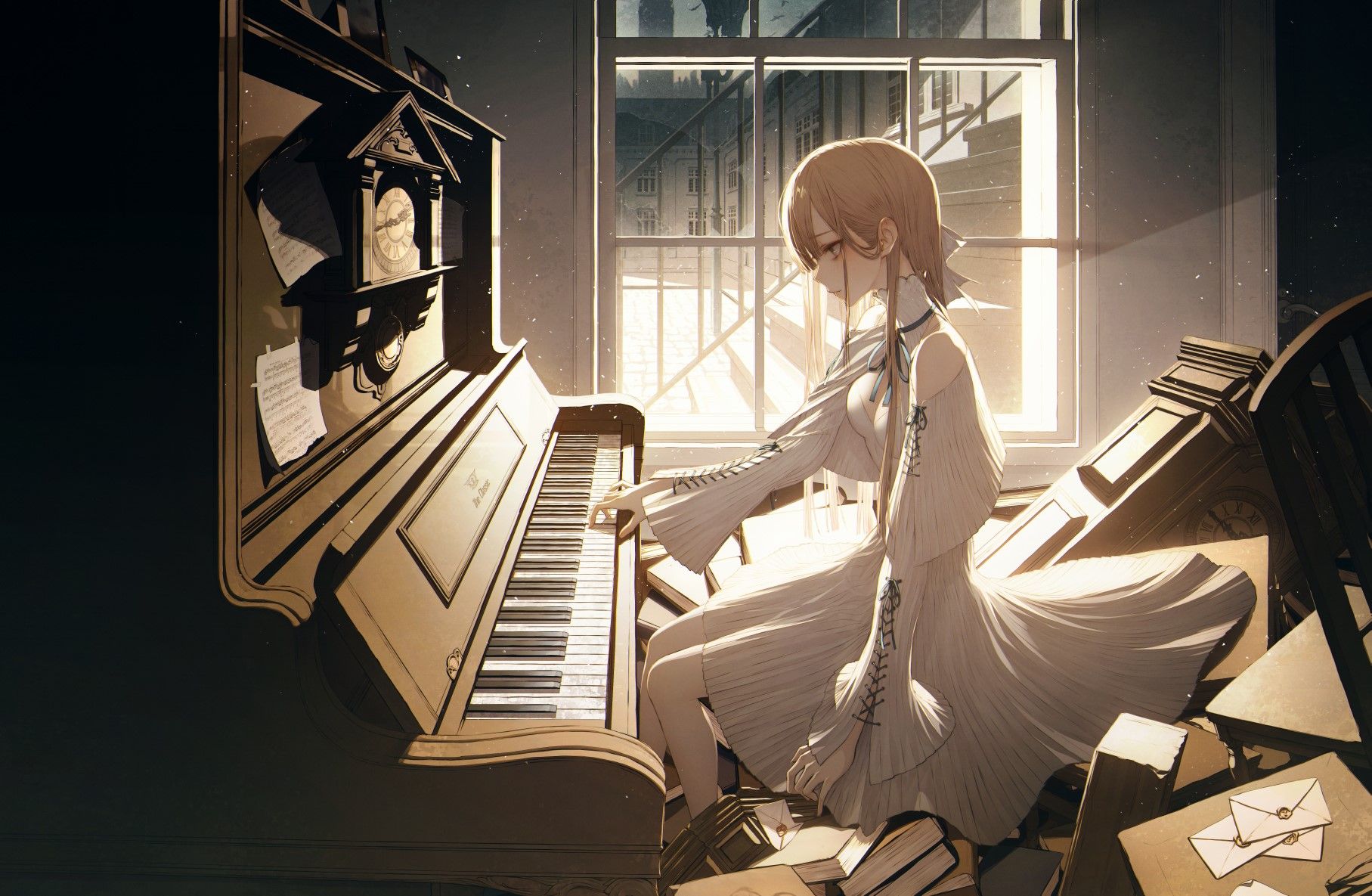 Mädchen am Klavier, Weißes Kleid, Sonnenlicht, Notenblätter, Altes Zimmer, HD, Desktop-Hintergrund