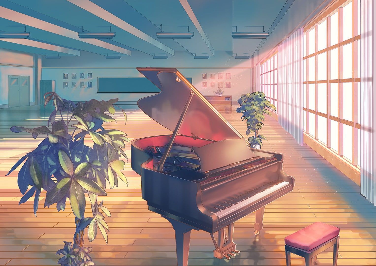 Musiksaal, Flügel, Abendlicht, Pflanzen, Klassenzimmer, HD, Hintergrundbild für den PC